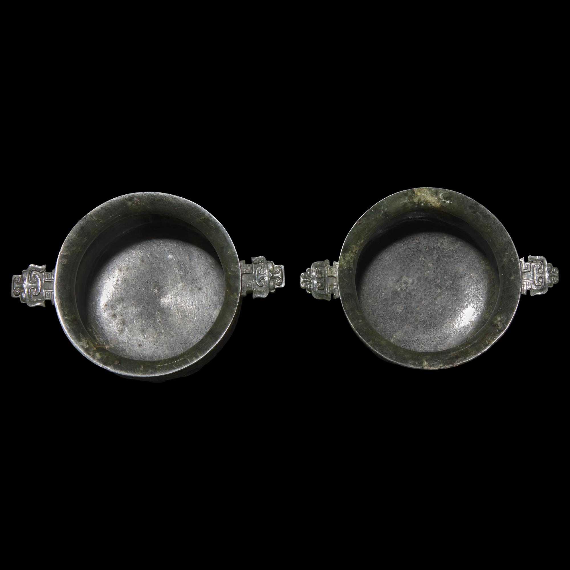 An Associated Pair of Chinese Spinach Green Jade Archaistic Censers, Gui 碧玉仿古紋簋一對