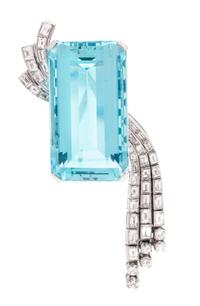 A Platinum, Diamond and Aquamarine Brooch, Circa 1950, 23.85 dwts.