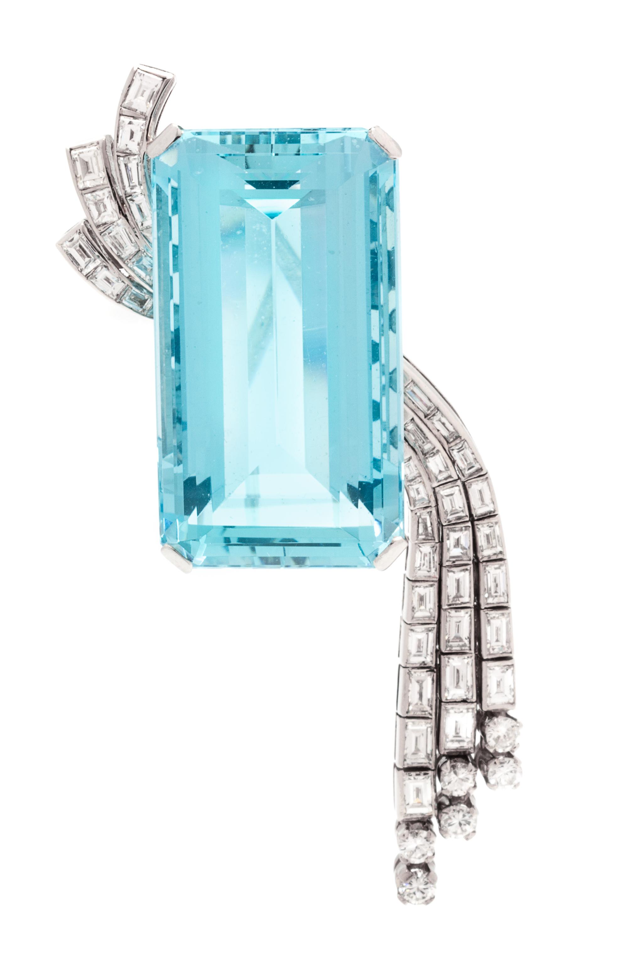 A Platinum, Diamond and Aquamarine Brooch, Circa 1950, 23.85 dwts.
