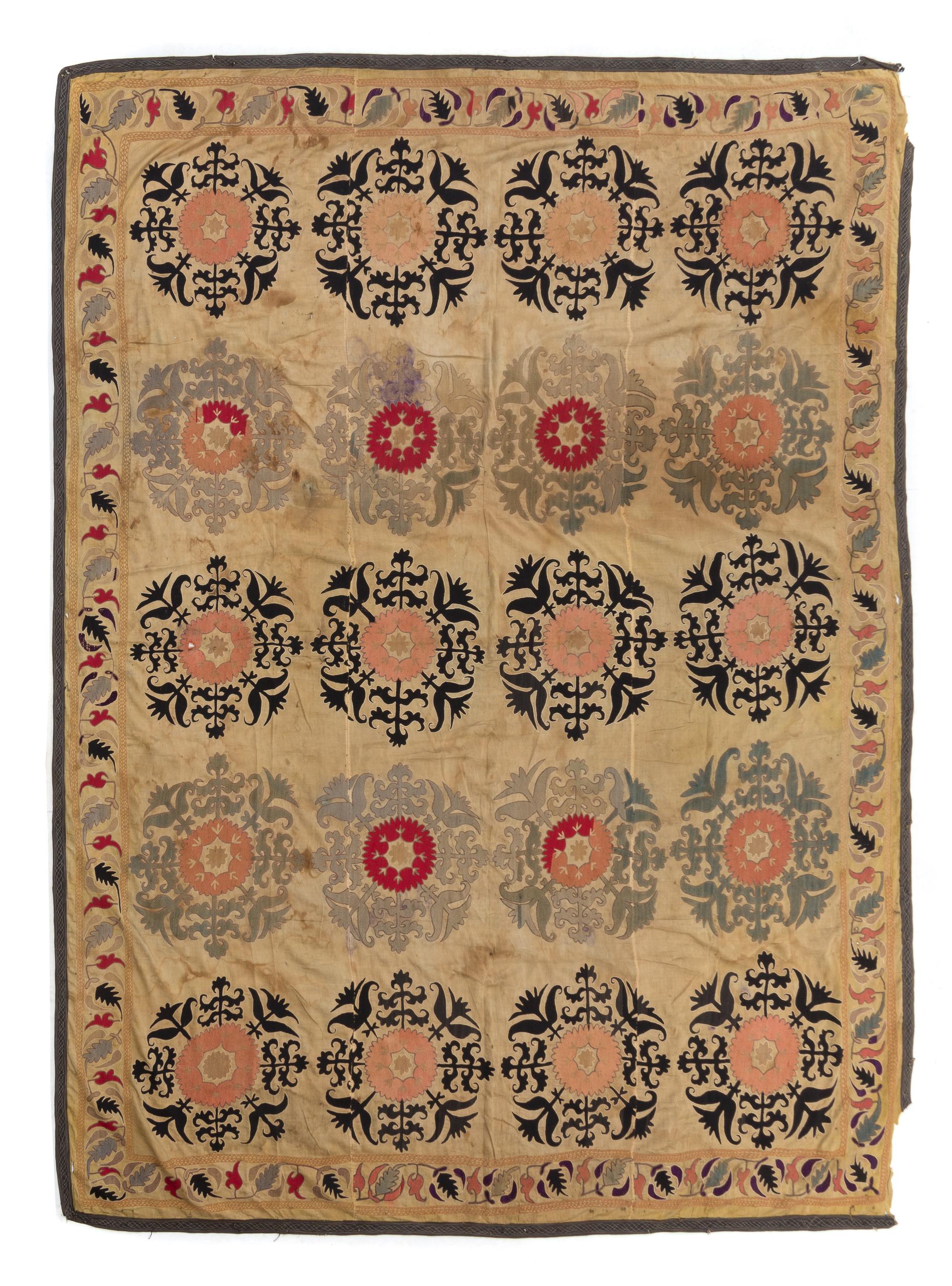 Three Suzani Embroideries Largest: 8 feet 7 1/4 inches x 6 feet 4 1/4 inches.