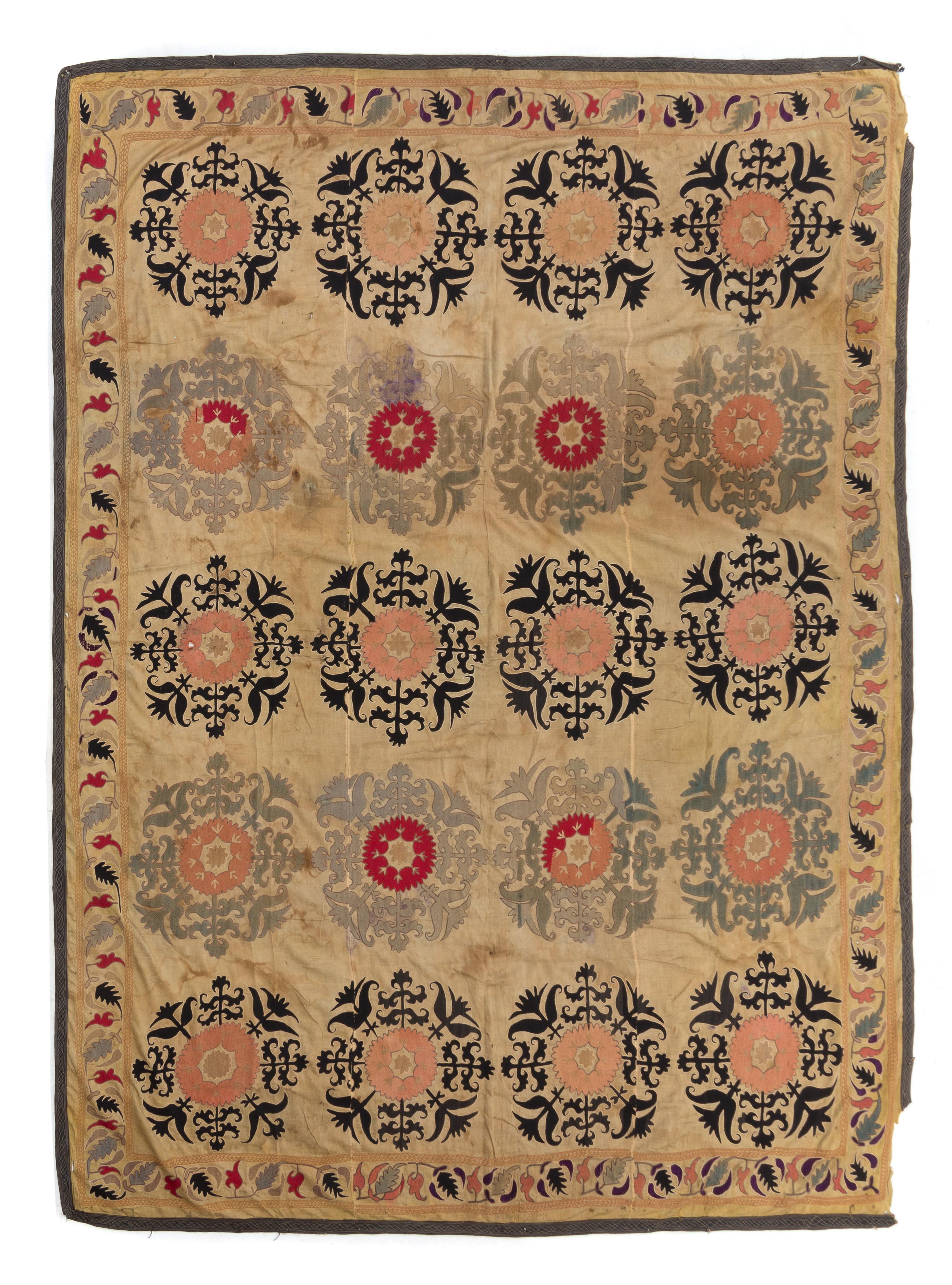 Three Suzani Embroideries Largest: 8 feet 7 1/4 inches x 6 feet 4 1/4 inches.