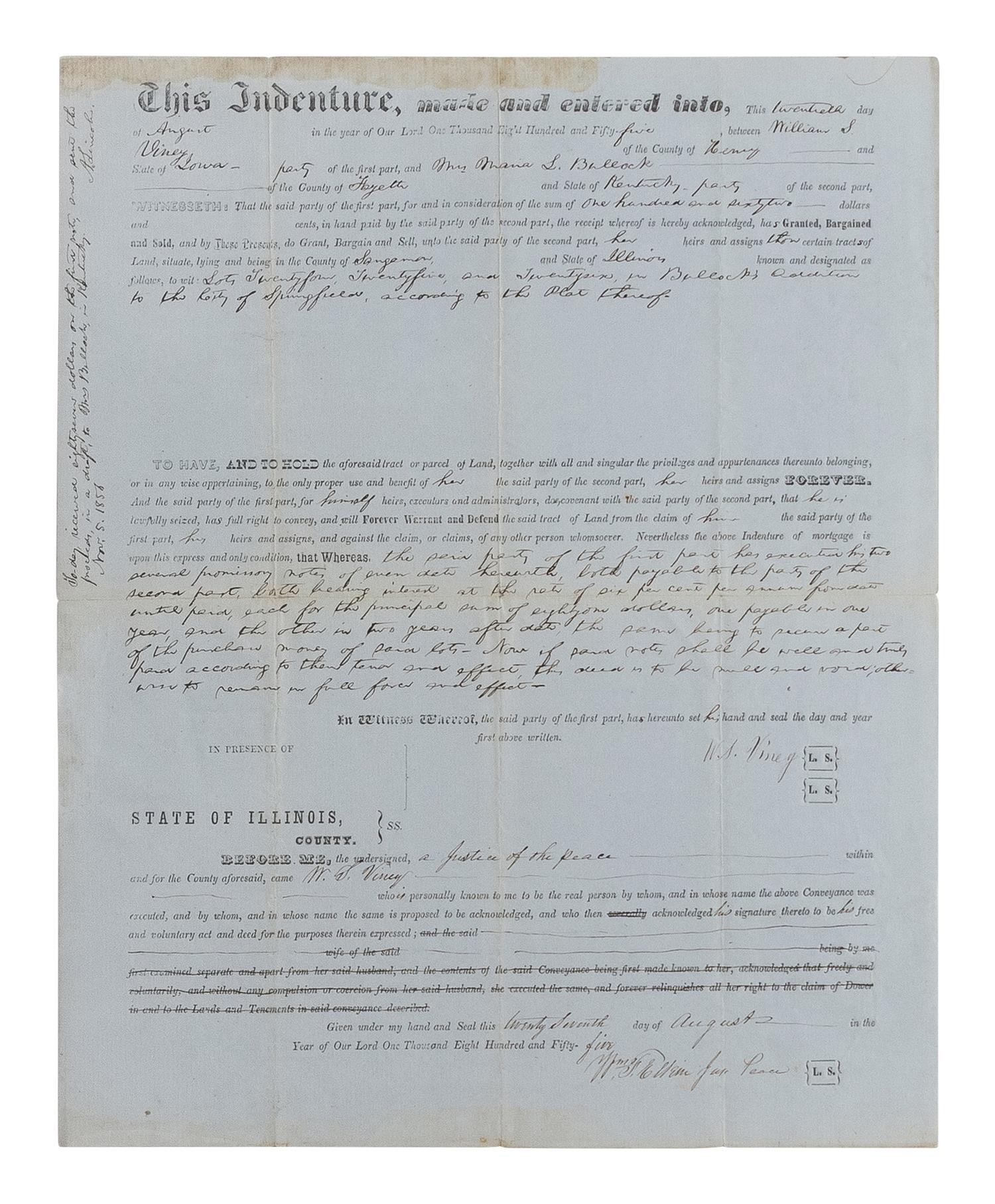 LINCOLN, Abraham (1809-1865). A small archive of 9 manuscript and partially printed documents relating to the Bullock Land Transaction, Springfield, Illinois, 1855-1859, comprising: