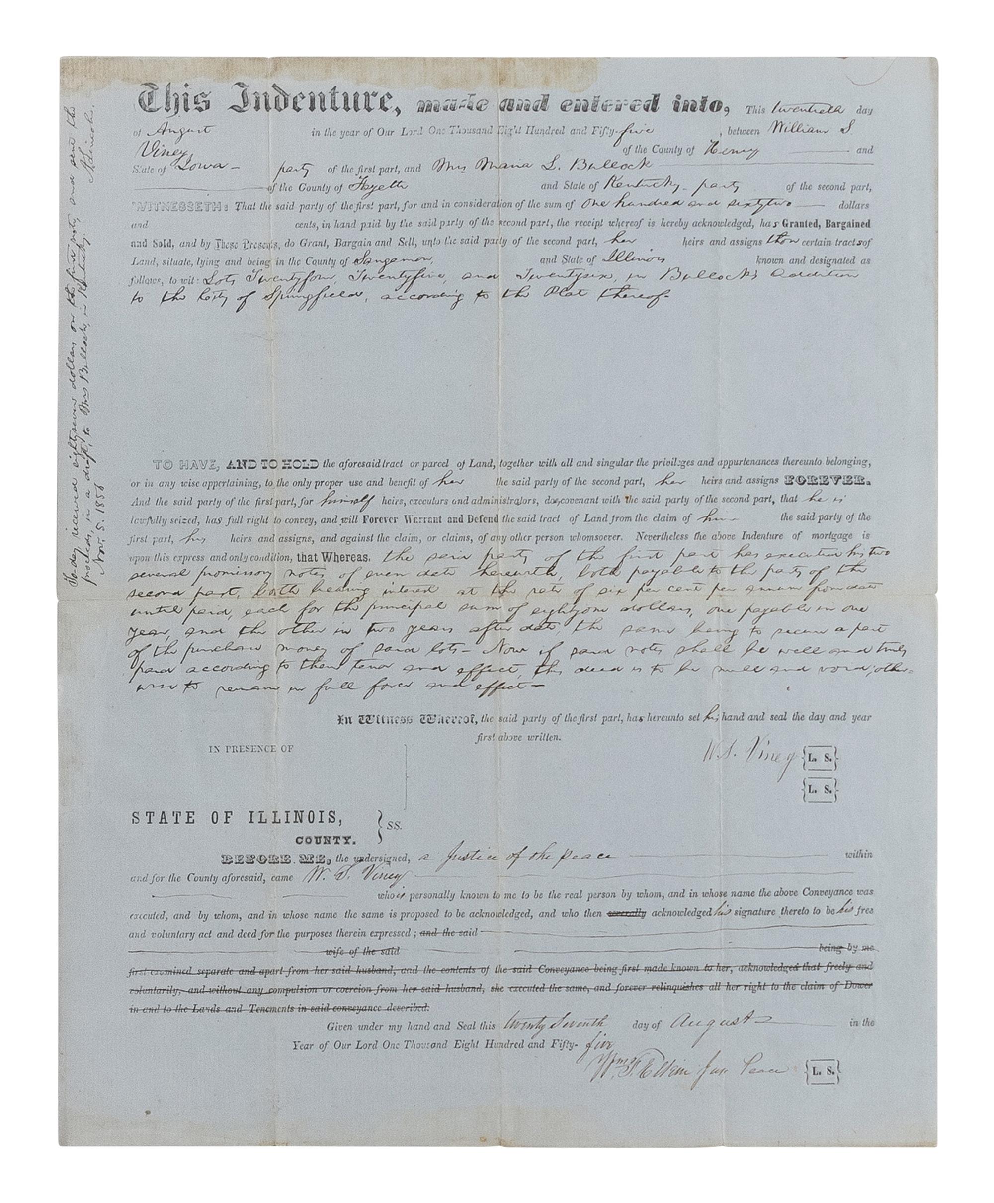LINCOLN, Abraham (1809-1865). A small archive of 9 manuscript and partially printed documents relating to the Bullock Land Transaction, Springfield, Illinois, 1855-1859, comprising: