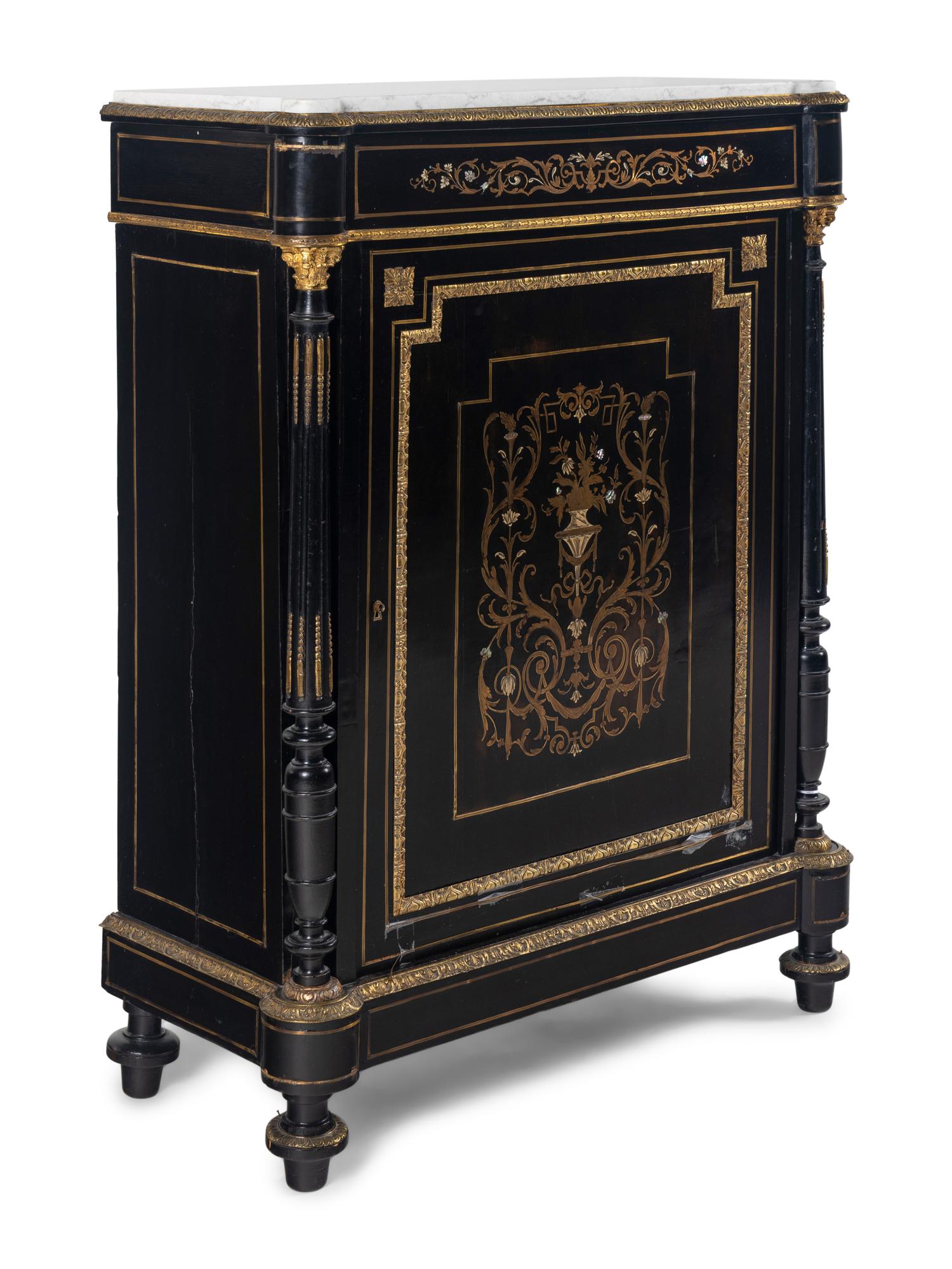 A Napoleon III Brass and Pewter Inlaid Ebonized Marble-Top Cabinet