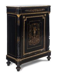 A Napoleon III Brass and Pewter Inlaid Ebonized Marble-Top Cabinet