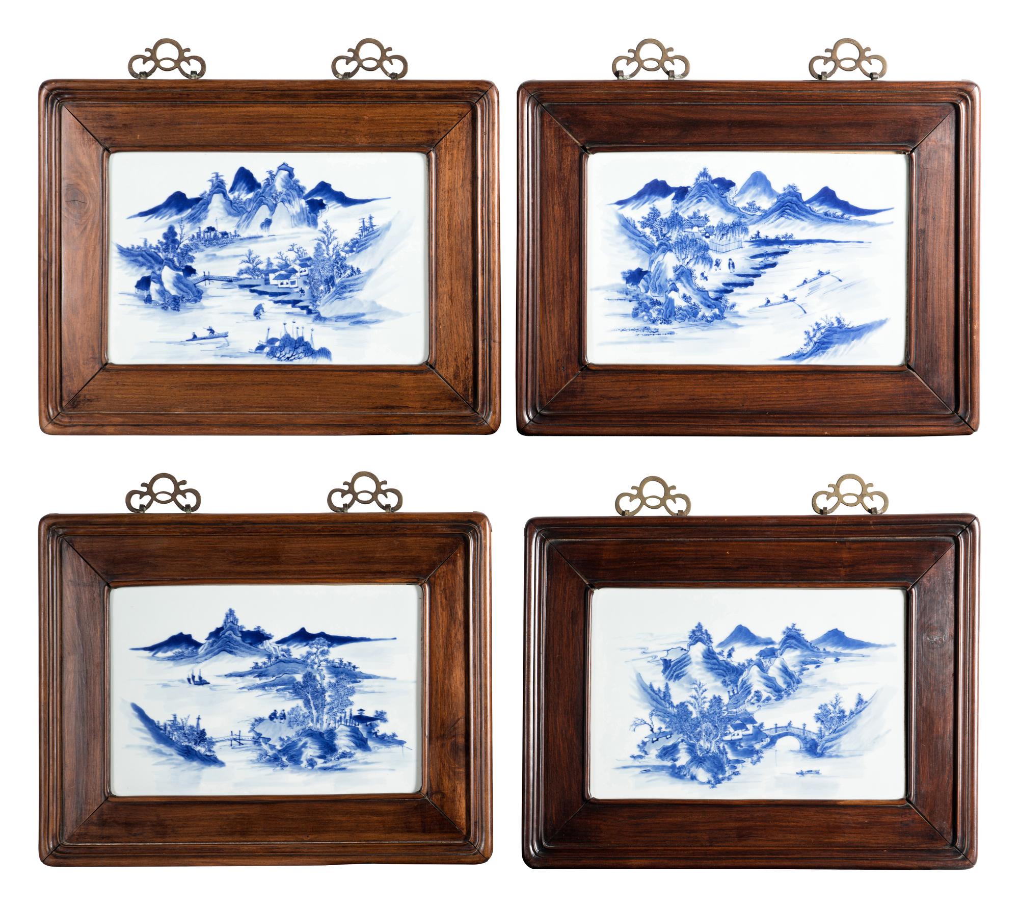 A Set of Four Blue and White Porcelain Inset Hanging Panels