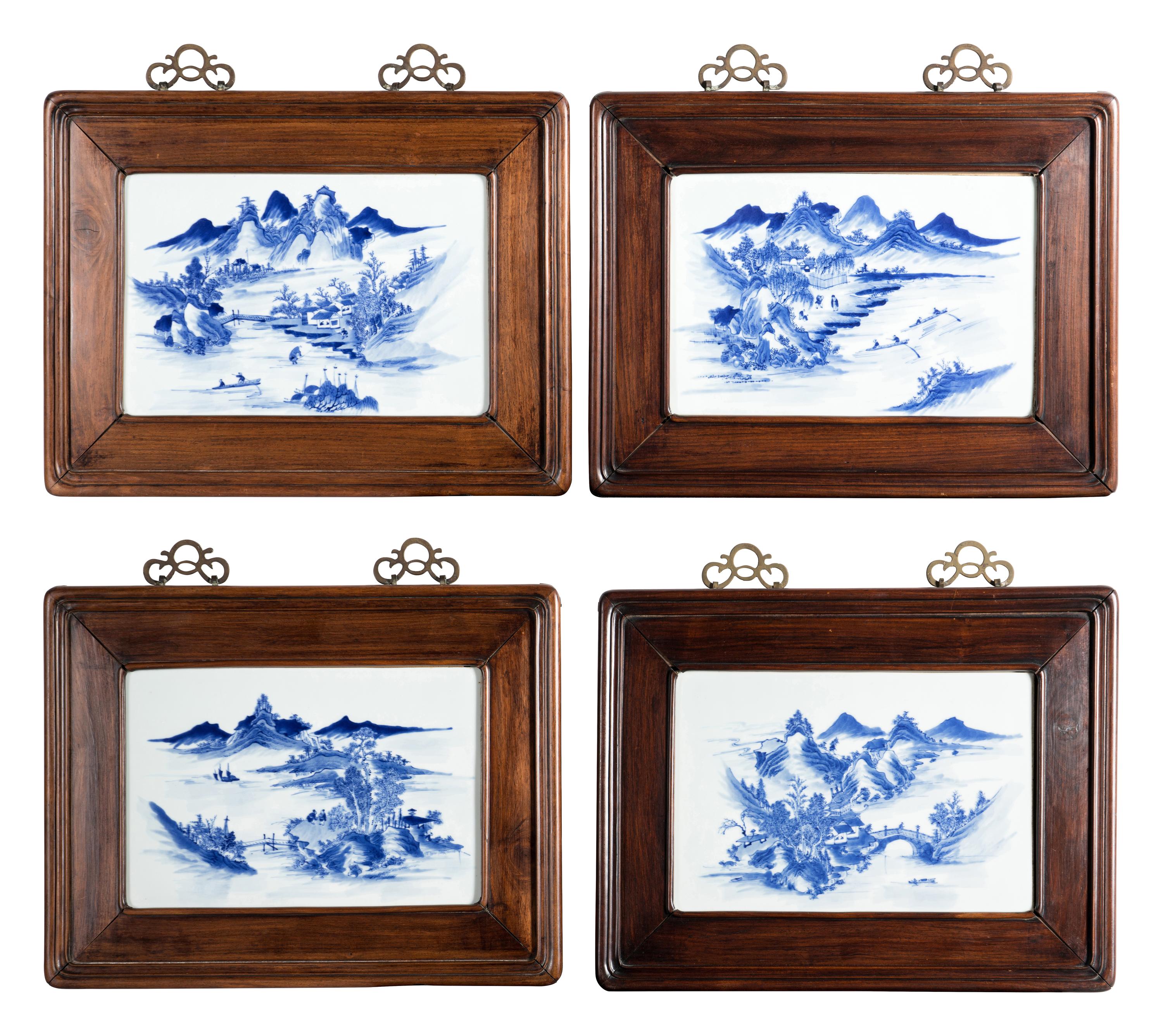 A Set of Four Blue and White Porcelain Inset Hanging Panels