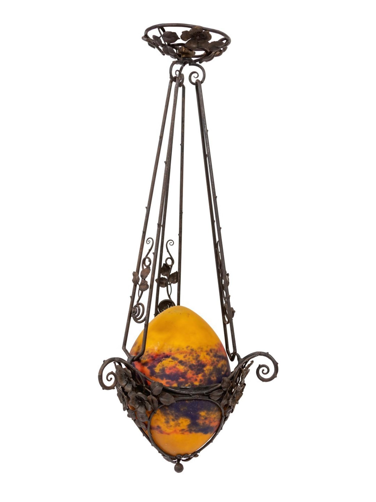 A Muller Fres Art Glass and Bronze Chandelier
