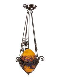 A Muller Fres Art Glass and Bronze Chandelier