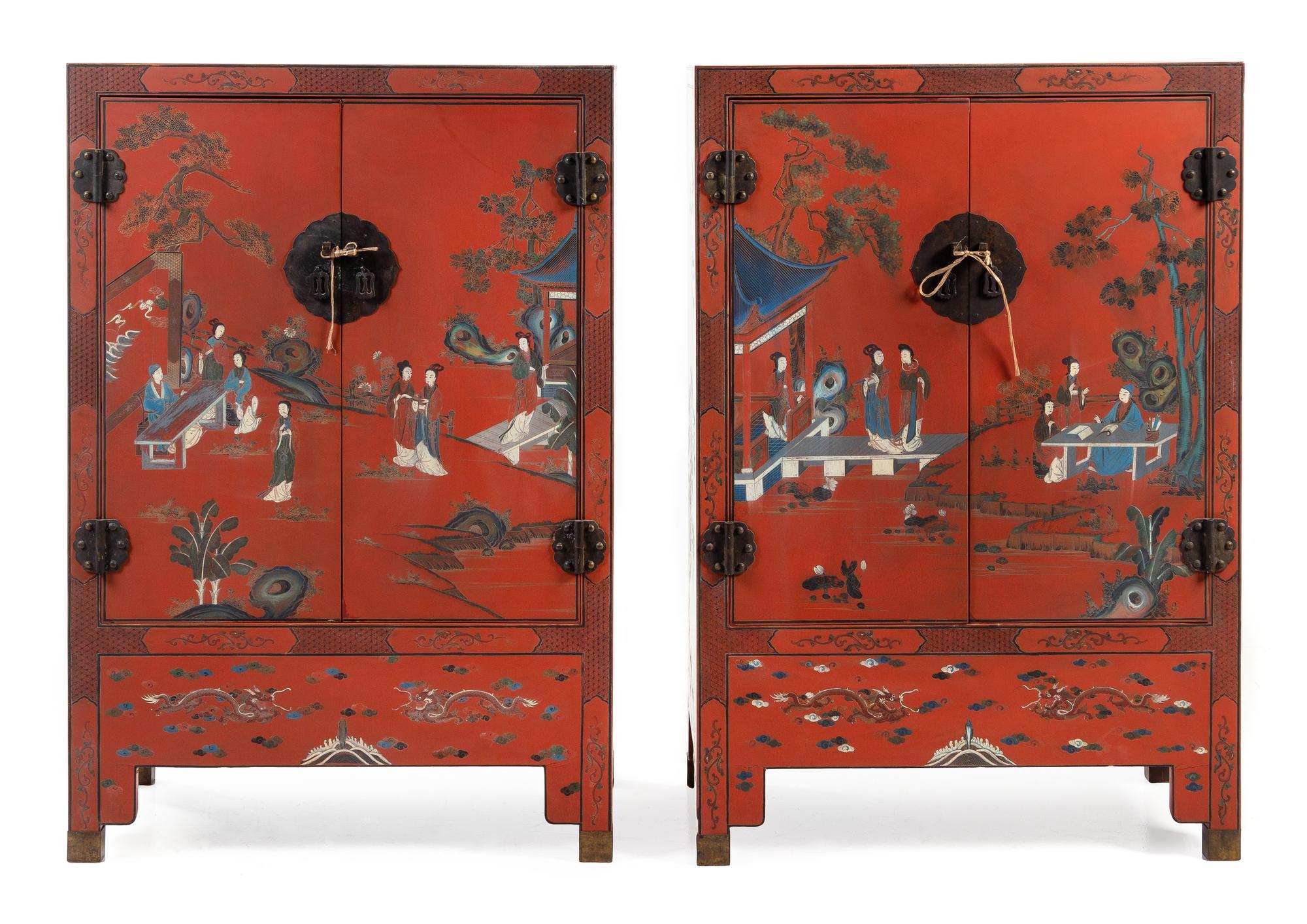 A Pair of Chinese Red Lacquered Wood Cabinets Height 50 1/4 x width 34 1/4 x depth 17 1/8 inches. — 20TH CENTURY