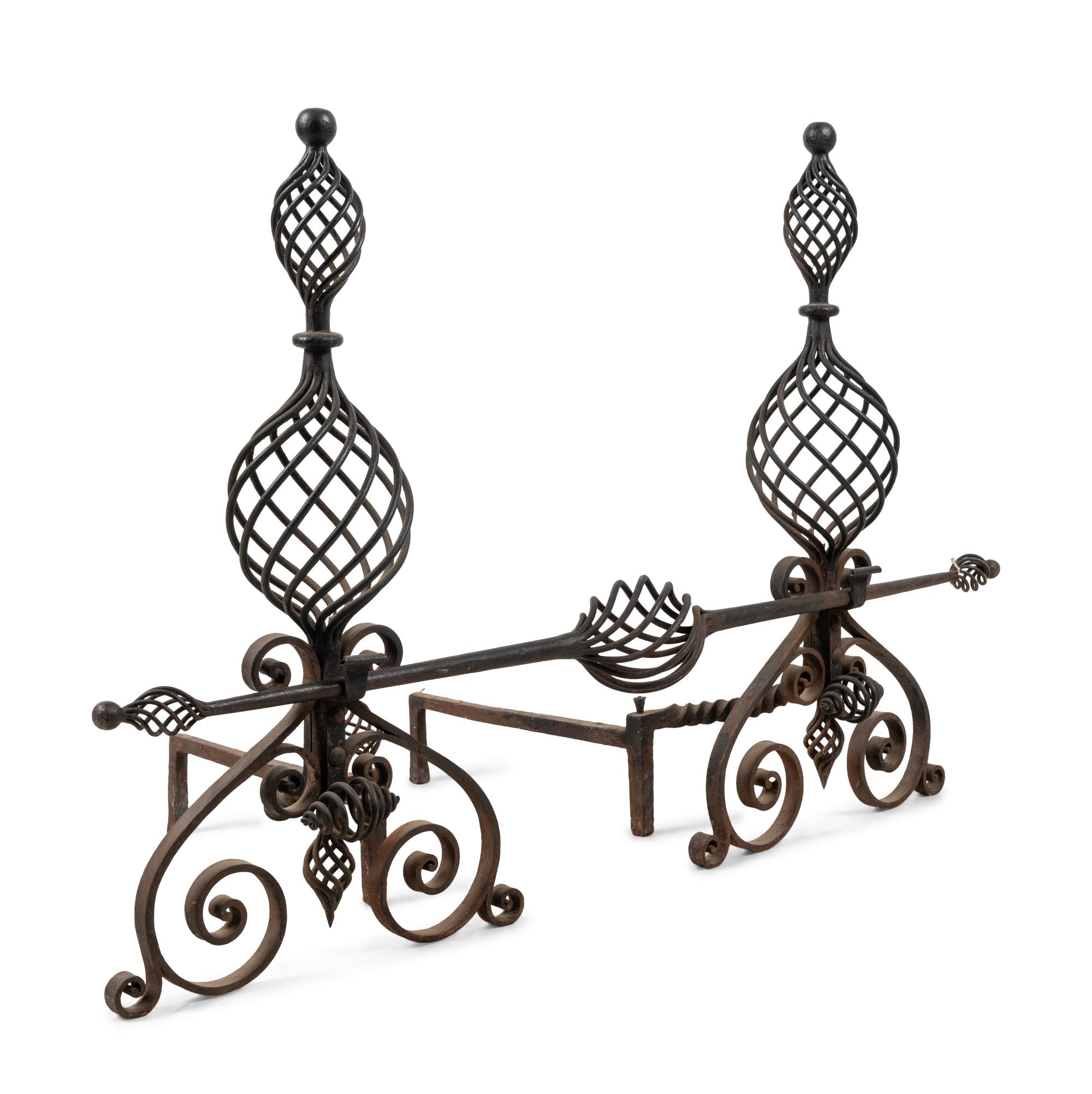 A Pair of Continental Iron Baluster-Twist Andirons