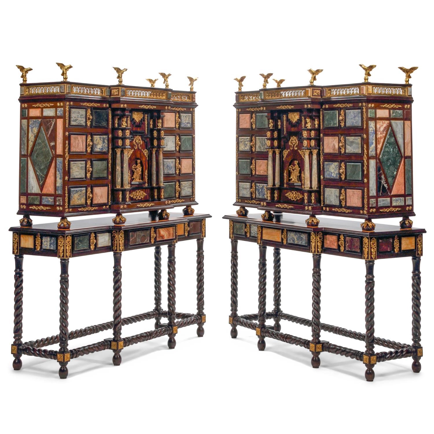 A Pair of Italian Specimen Marble-Inset and Gilt Bronze Mounted Collector's Cabinets on Stands
