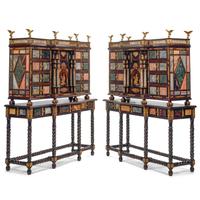 A Pair of Italian Specimen Marble-Inset and Gilt Bronze Mounted Collector's Cabinets on Stands