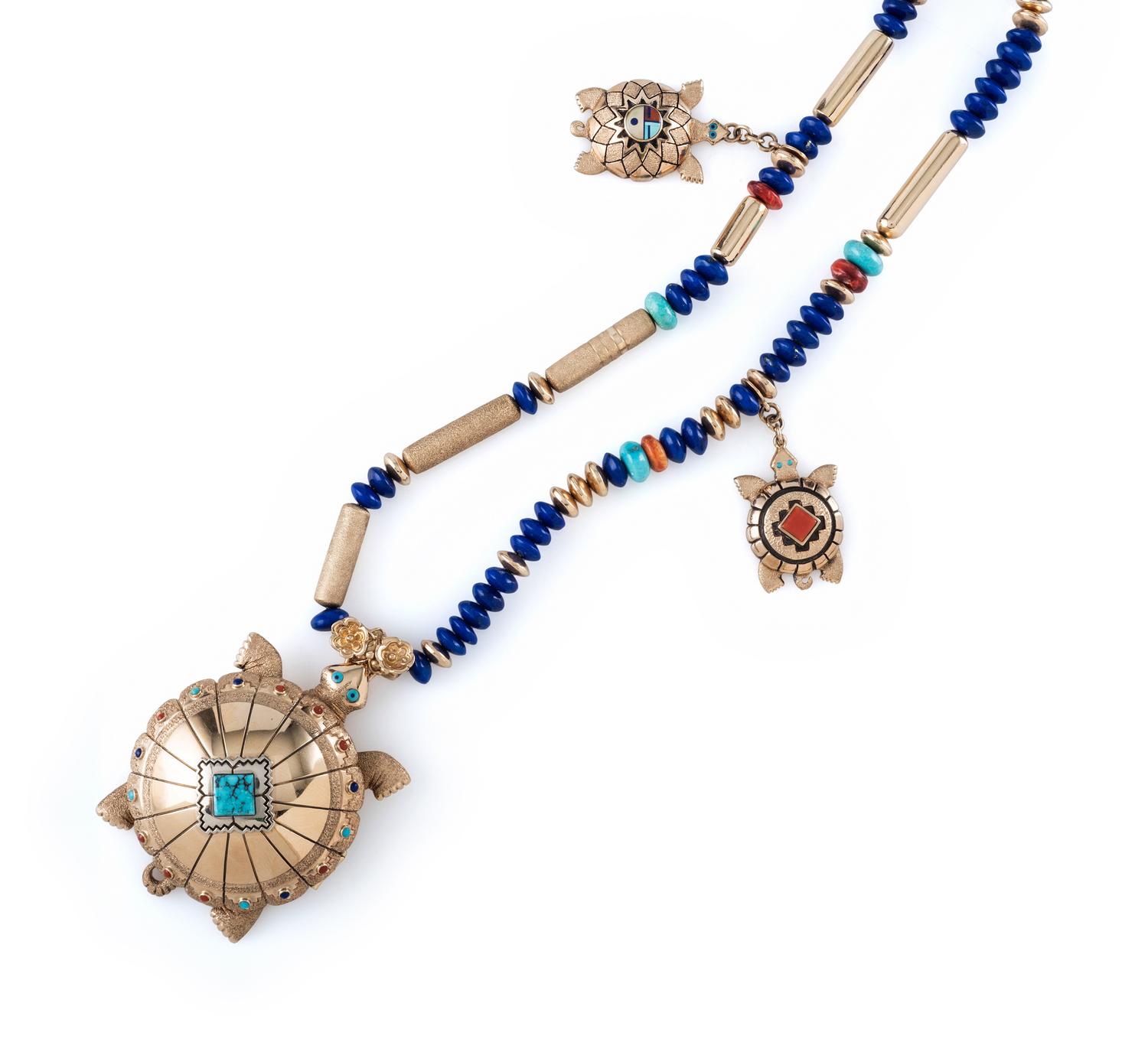 14K Gold Turtle Locket Necklace with Inlay