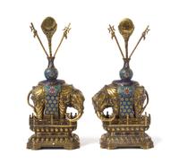 A Pair of Gilt Bronze and Cloisonne Enamel Models of Elephants