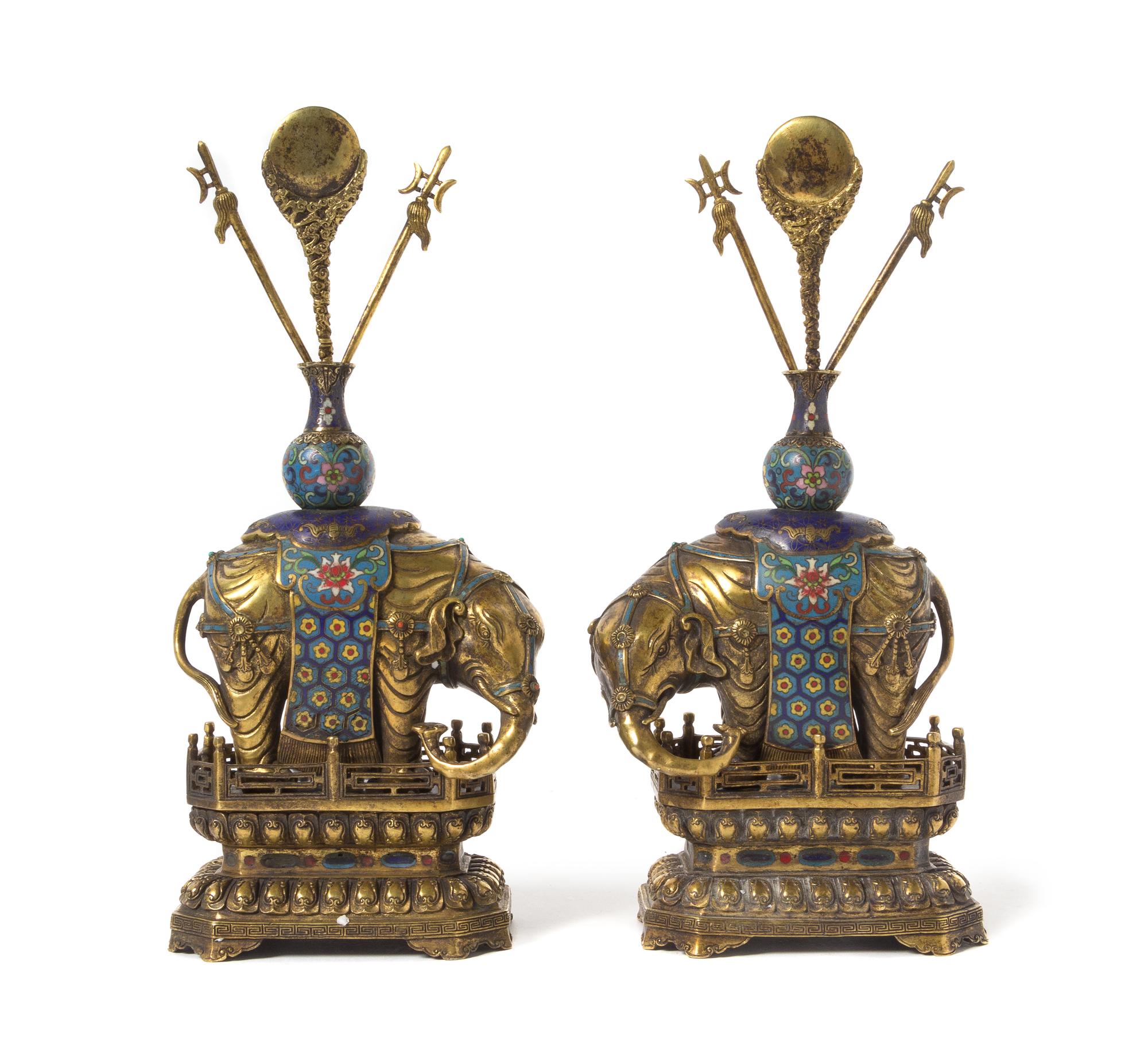 A Pair of Gilt Bronze and Cloisonne Enamel Models of Elephants
