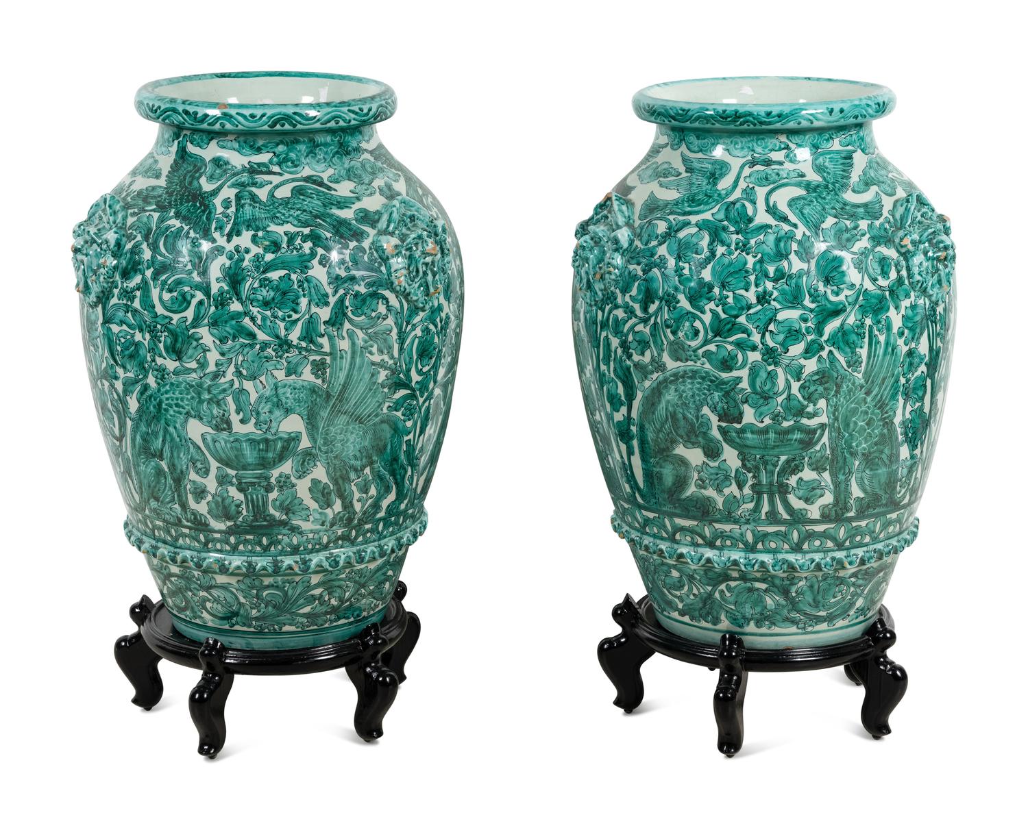 A Pair of Large Italian Green and White Glazed Ceramic Vases
