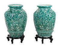 A Pair of Large Italian Green and White Glazed Ceramic Vases