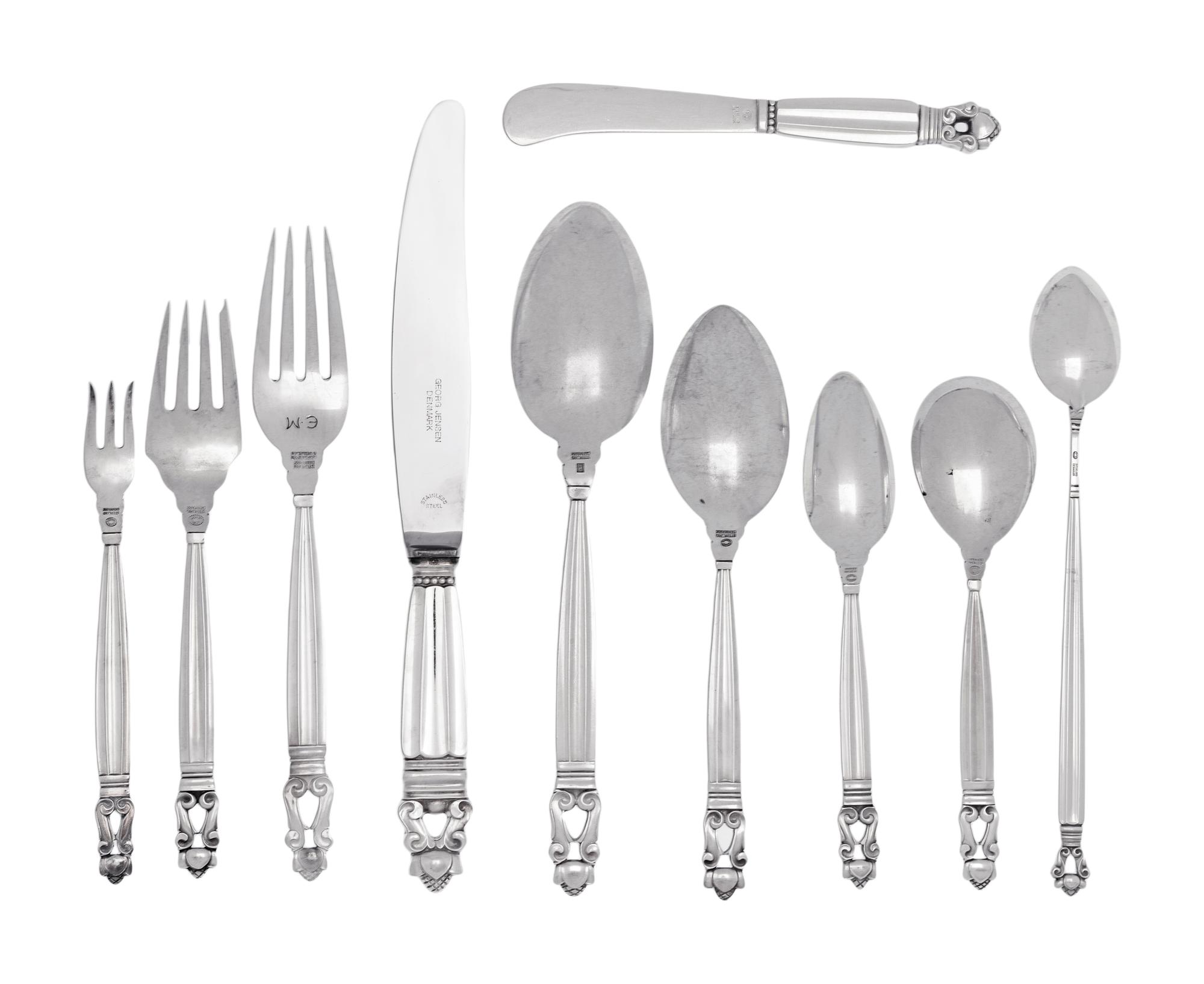 A Large Georg Jensen Silver Acorn Pattern Flatware Service