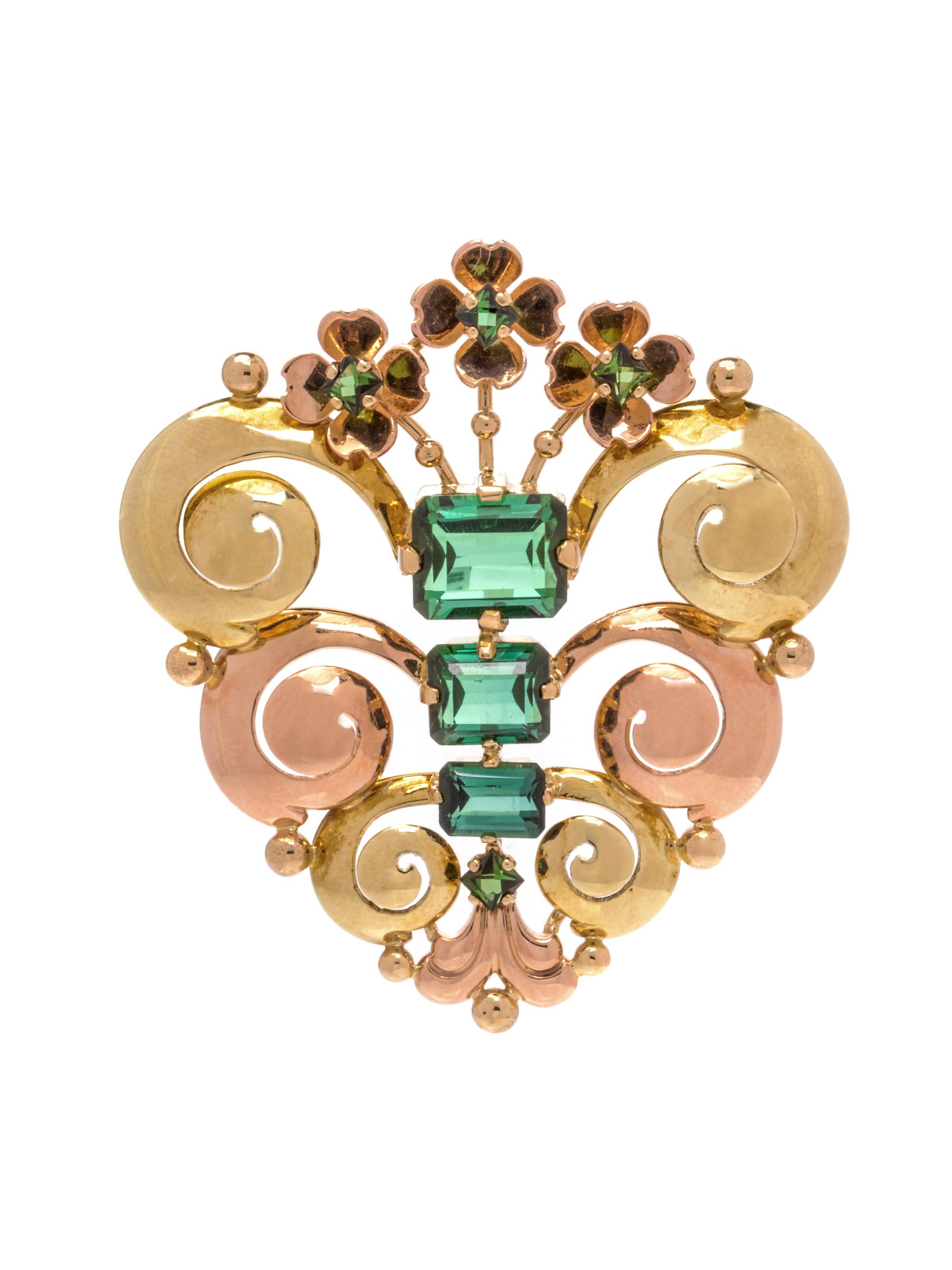A Retro Bicolored Gold and Green Tourmaline Brooch, Tiffany & Co.,