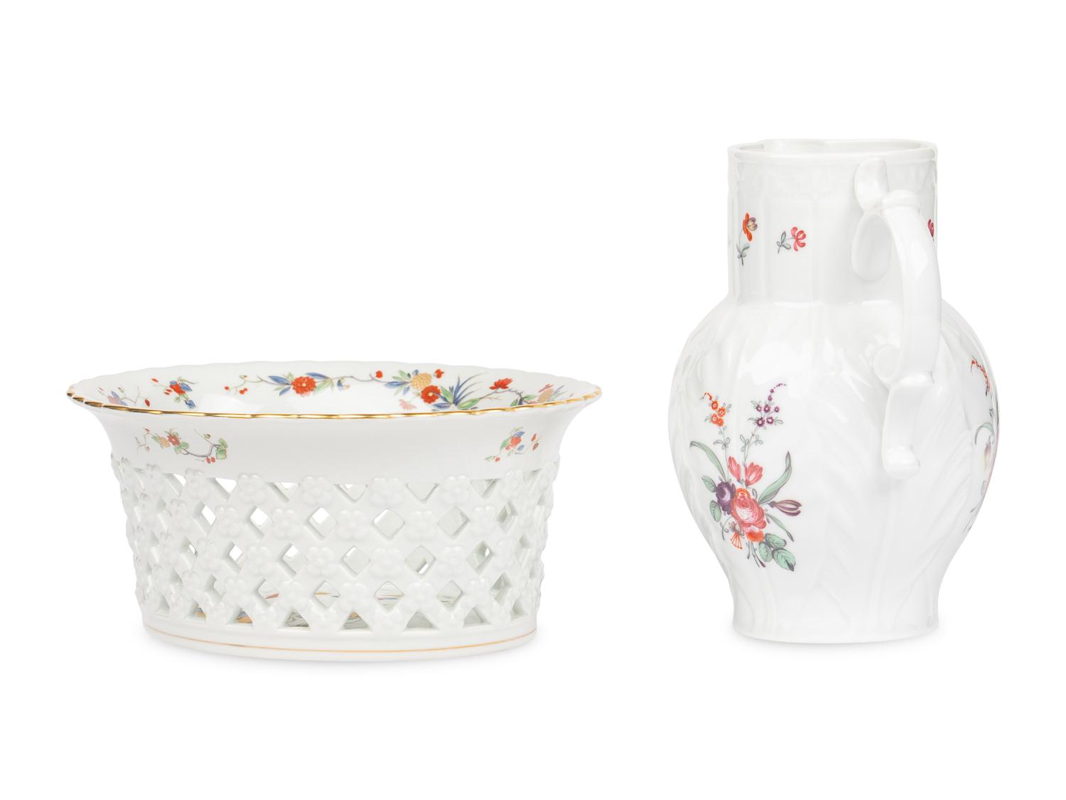 A Mottahedeh Porcelain Pitcher and Centerpiece Basket