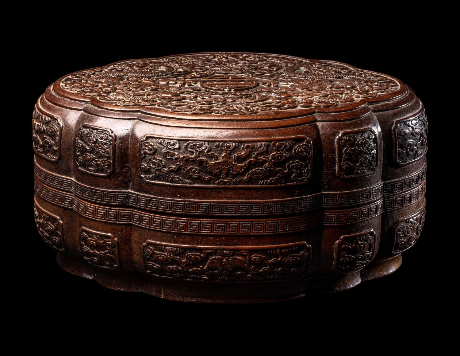 A Chinese Carved Tielimu and Lacquered Wood 'Dragon' Covered Box