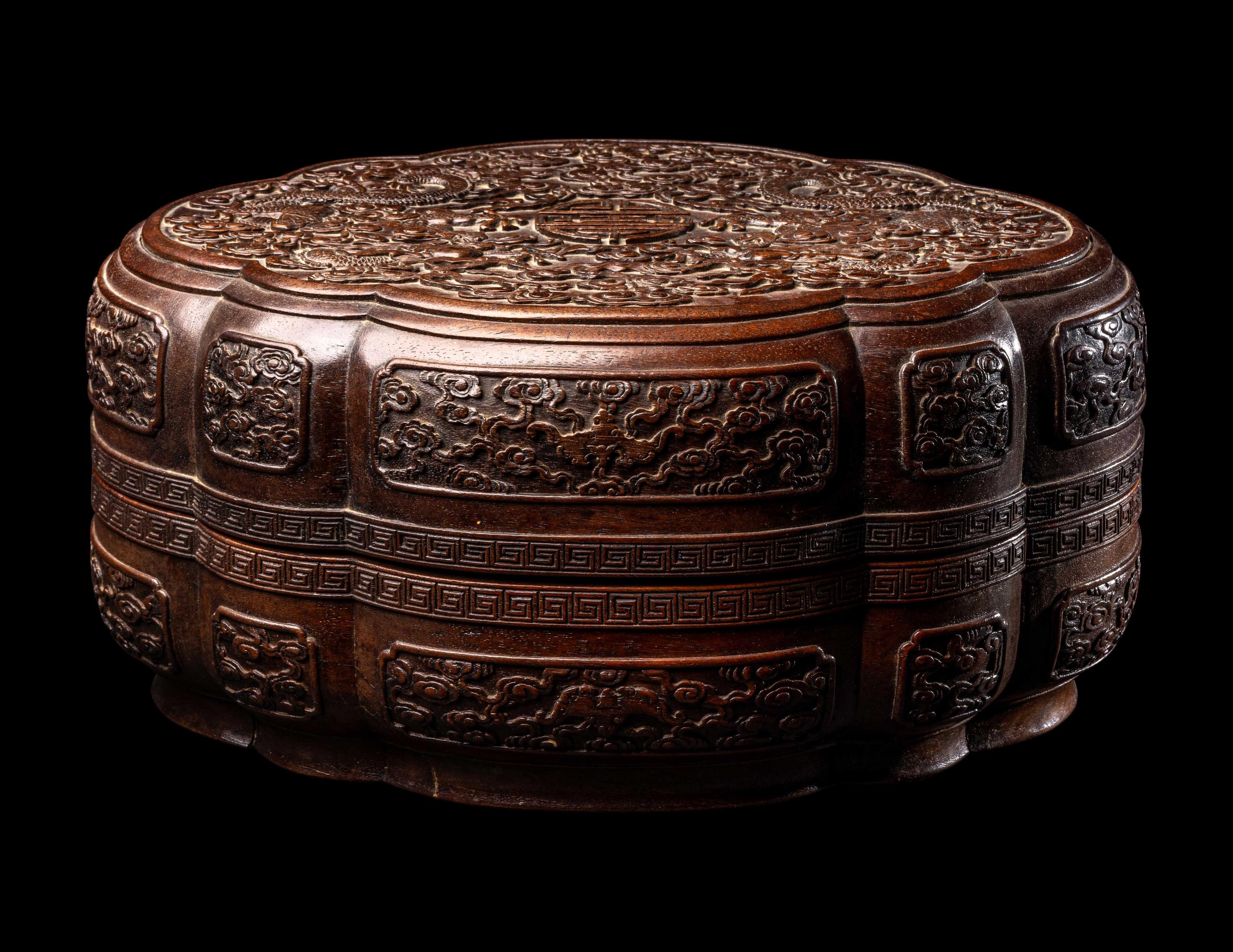A Chinese Carved Tielimu and Lacquered Wood 'Dragon' Covered Box