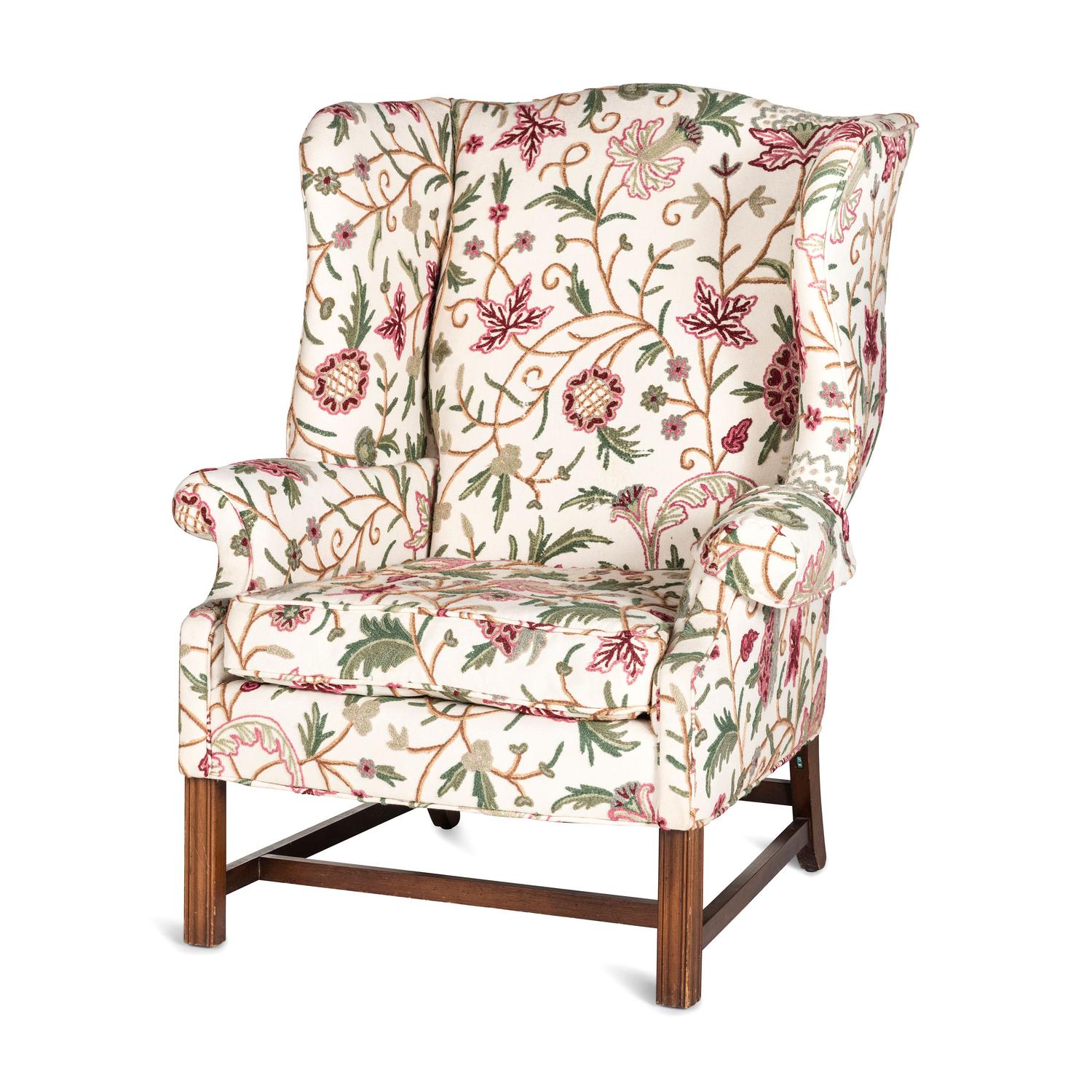 A Chippendale Style Carved Walnut Crewelwork Upholstered Easy Chair