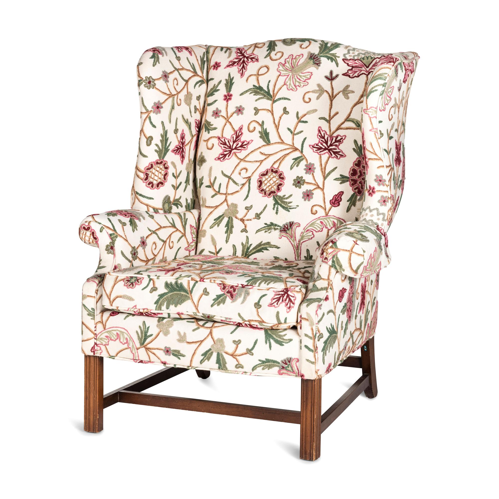 A Chippendale Style Carved Walnut Crewelwork Upholstered Easy Chair