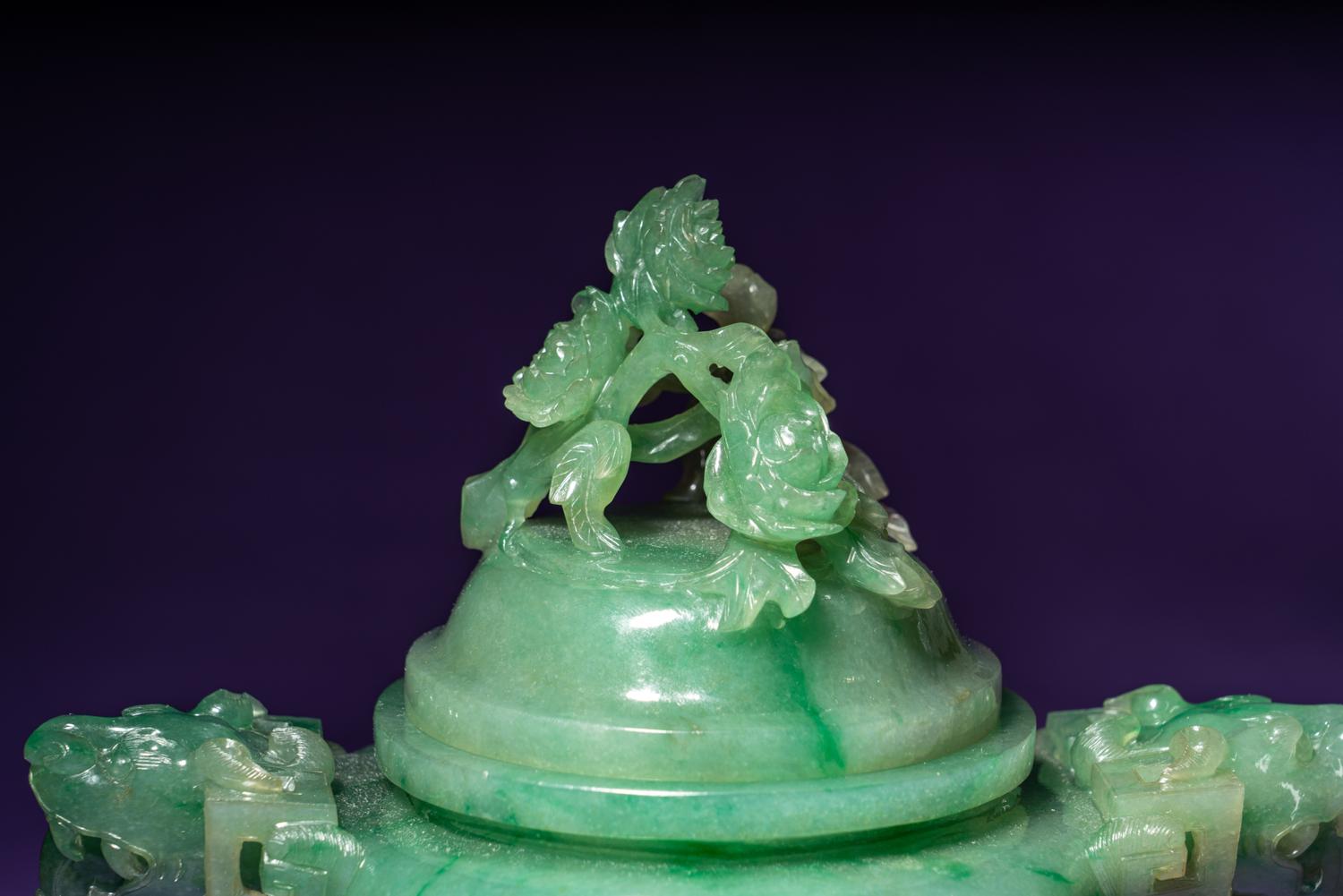 A Semi-Translucent Apple Green Jadeite Tripod Censer and Cover