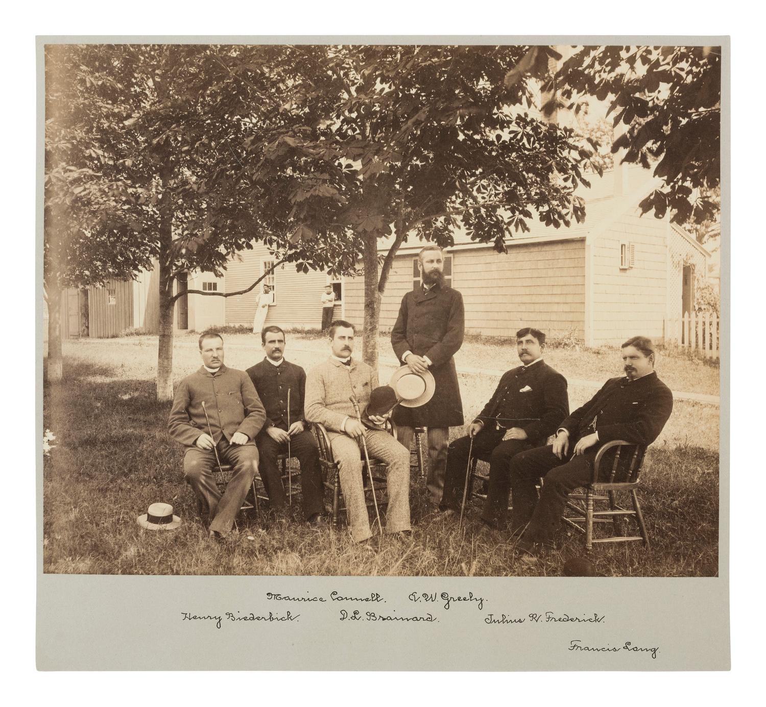 Arctic Exploration Group portrait of survivors of the Greely Expedition including Adolphus W. GREELY, David L. BRAINARD, Henry BIEDERBICK, and Maurice CONNELL. Ca 1884.