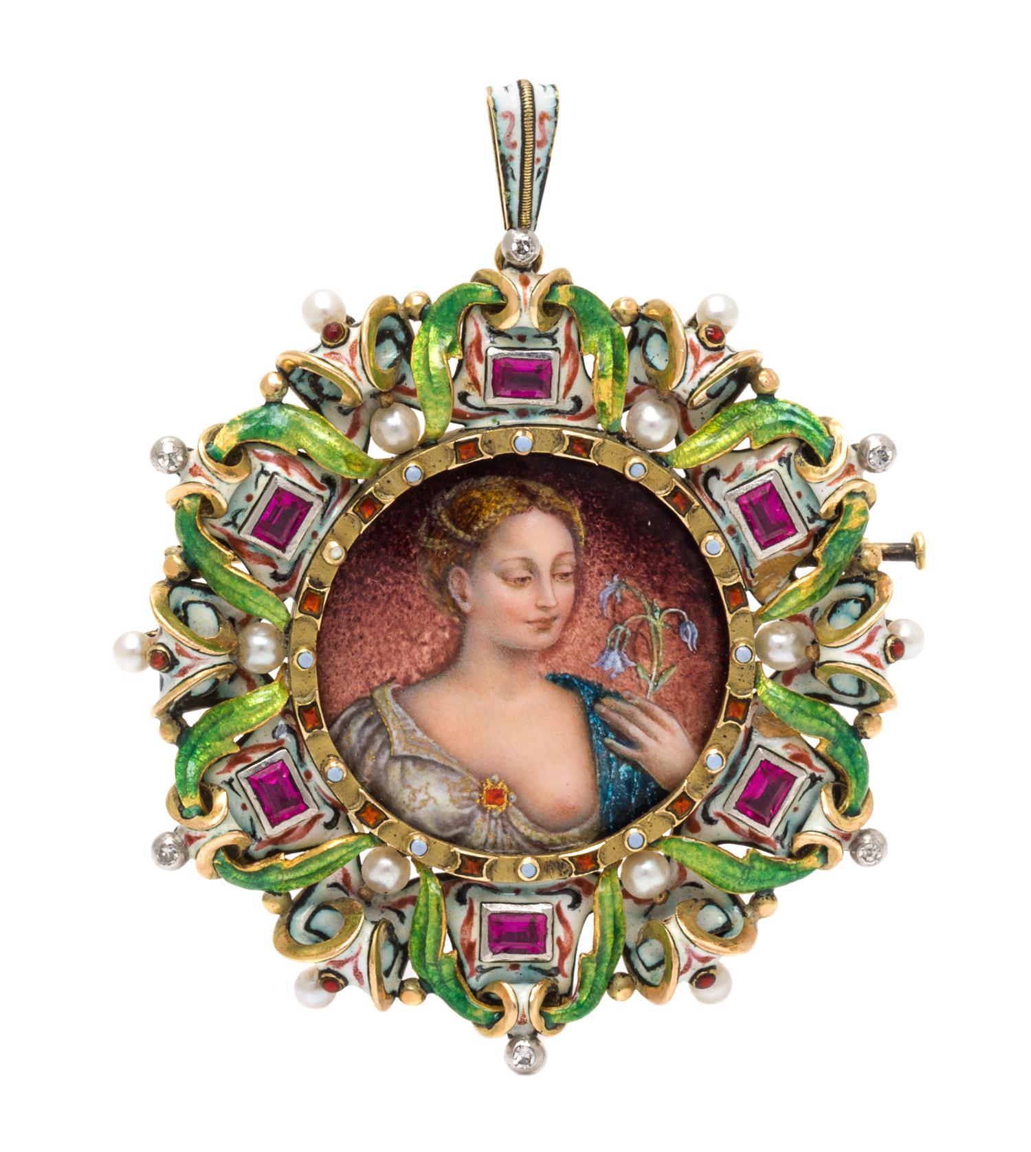 A Renaissance Revival Yellow Gold, Polychrome Swiss Enamel and Multigem Portrait Pendant/Brooch, 26.00 dwts.