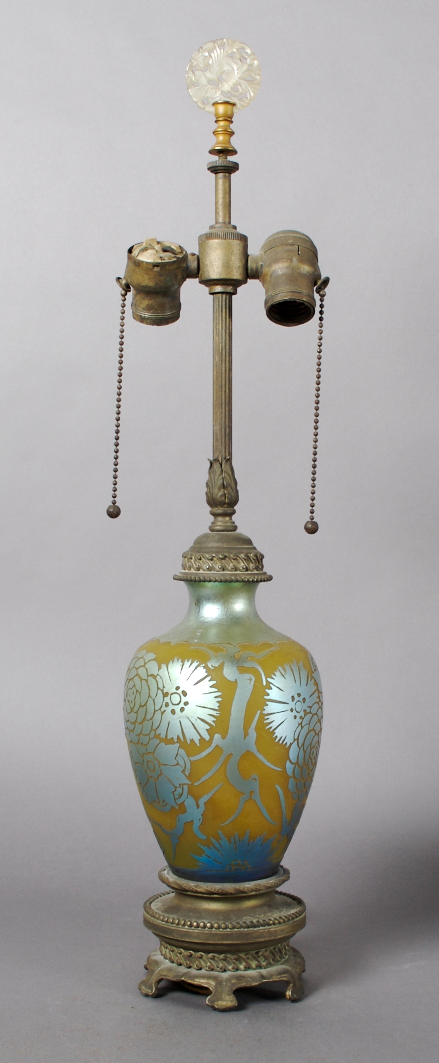 A Steuben Acid-Cut Lamp, Height of glass 8 inches.