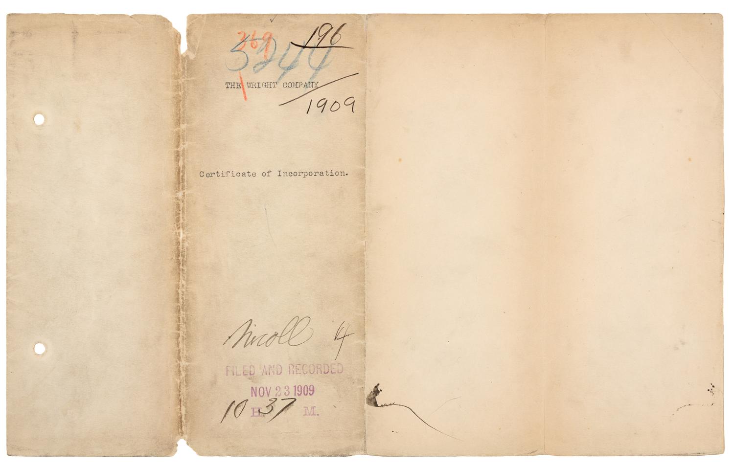 [WRIGHT BROTHERS]. WRIGHT, Wilbur (1867-1912) -- WRIGHT, Orville (1871-1948). Typed document signed ("Wilbur Wright", "Orville Wright", "George A. Steves", "Henry S. Hooker", "Alpheus F. Barnes"), New York, NY, 18 November 1909.