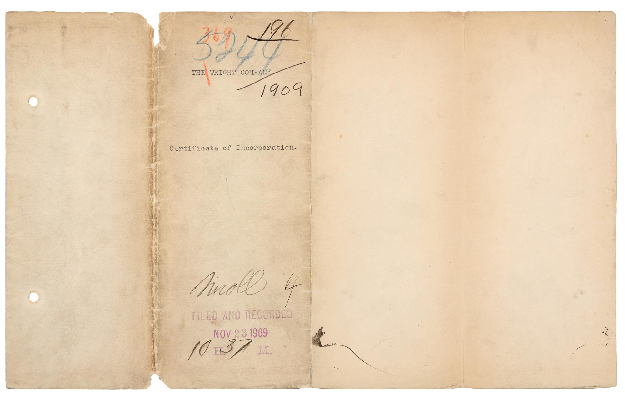 [WRIGHT BROTHERS]. WRIGHT, Wilbur (1867-1912) -- WRIGHT, Orville (1871-1948). Typed document signed ("Wilbur Wright", "Orville Wright", "George A. Steves", "Henry S. Hooker", "Alpheus F. Barnes"), New York, NY, 18 November 1909.