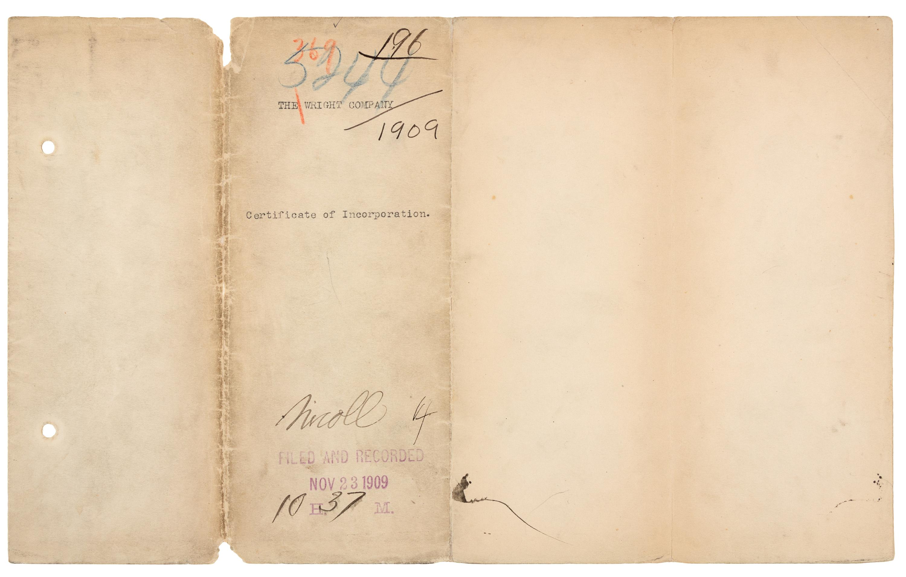 [WRIGHT BROTHERS]. WRIGHT, Wilbur (1867-1912) -- WRIGHT, Orville (1871-1948). Typed document signed ("Wilbur Wright", "Orville Wright", "George A. Steves", "Henry S. Hooker", "Alpheus F. Barnes"), New York, NY, 18 November 1909.