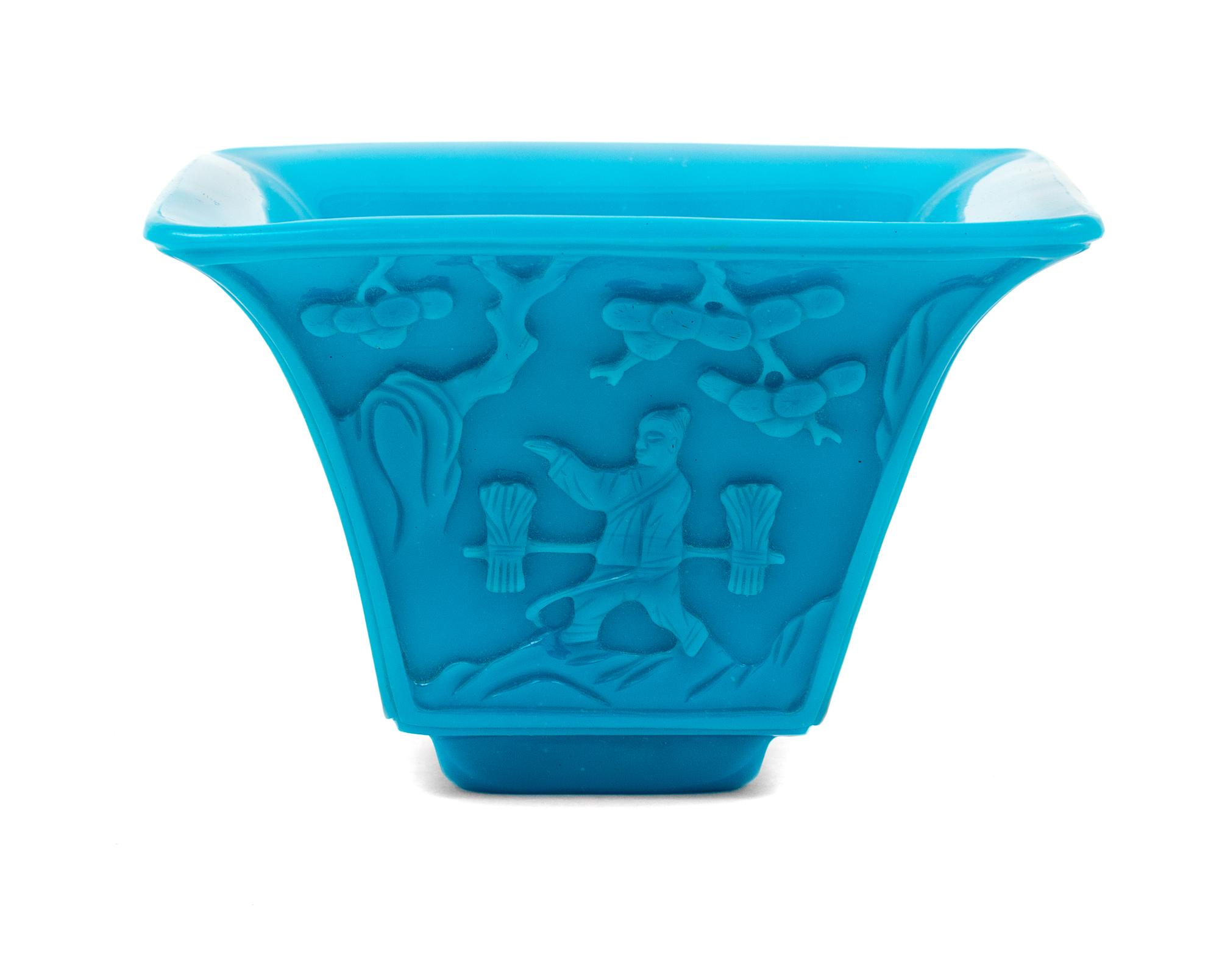 A Turquoise-Blue Peking Glass Square Bowl Height 4 3/8 inches. — 19TH CENTURY