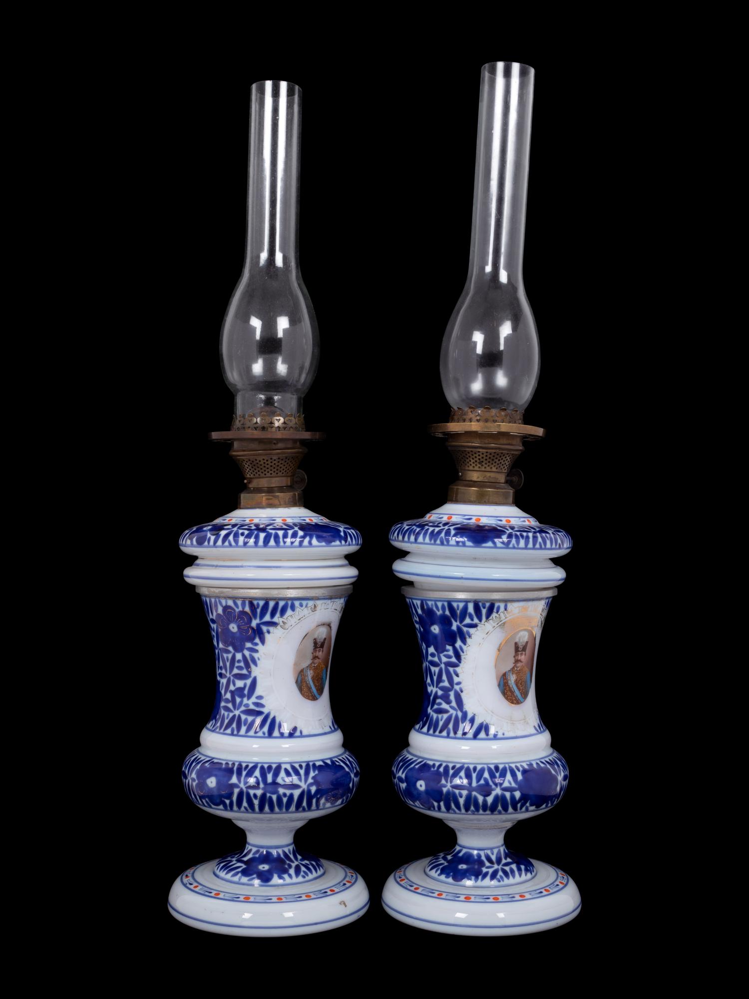 A Pair of Persian Market Opaline Glass Oil Lamps
