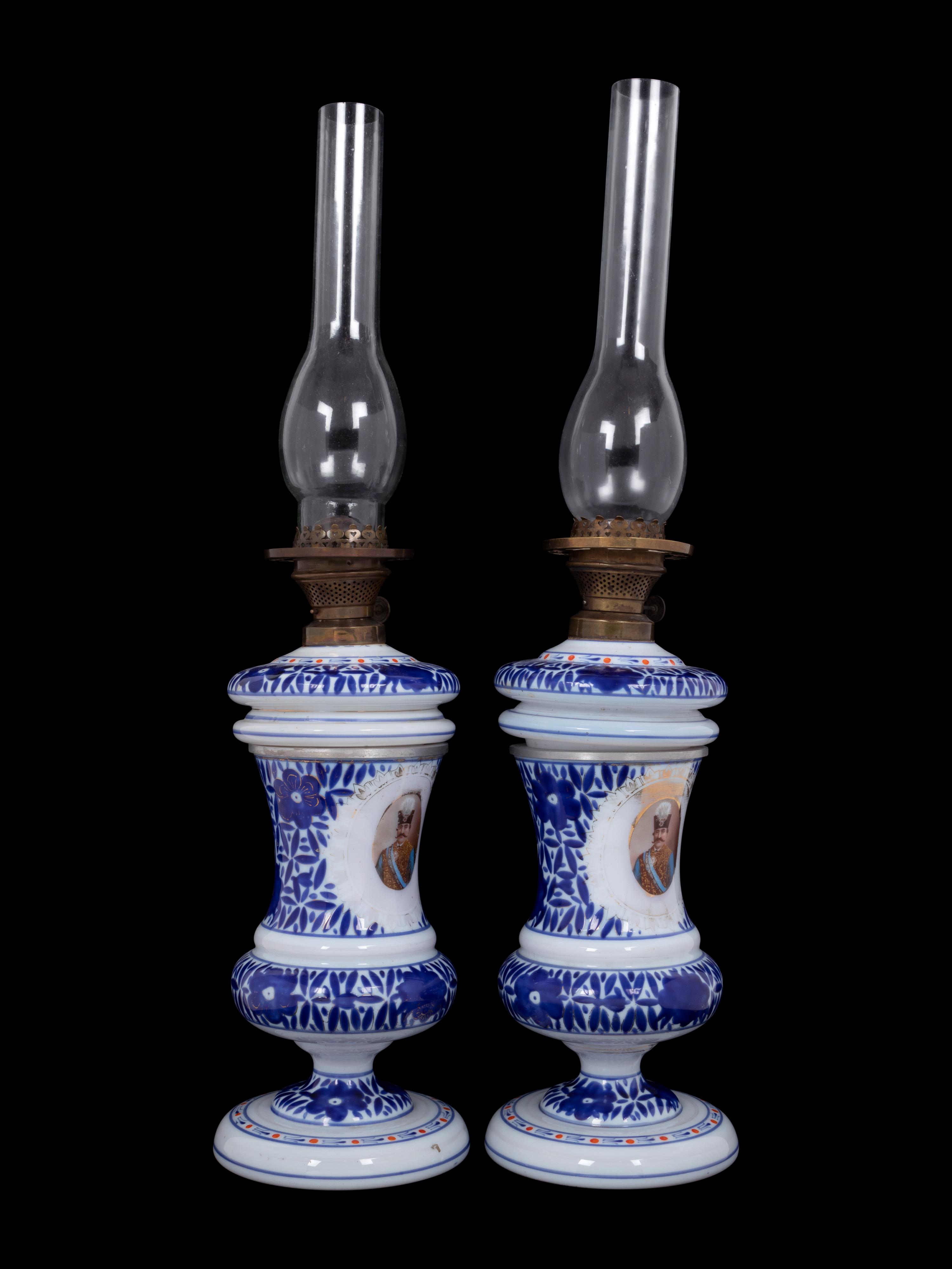 A Pair of Persian Market Opaline Glass Oil Lamps