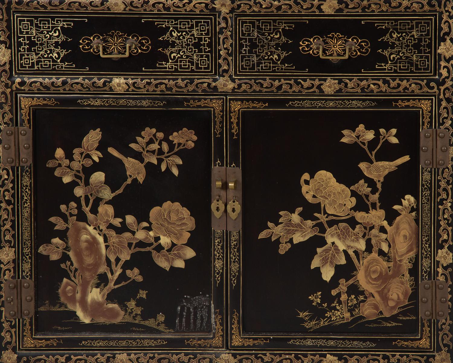 A Pair of Chinese Gilt Decorated Black Lacquer Vitrine Cabinets