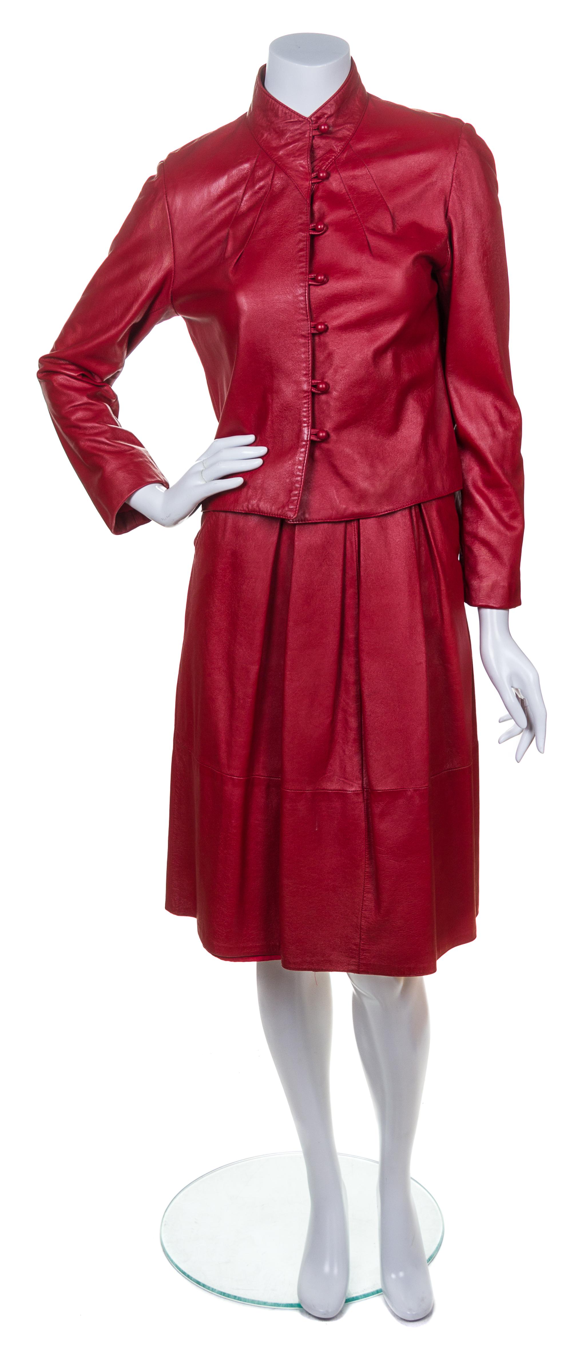 A Fendi Red Leather Skirt Ensemble, Jacket size 6, skirt size 4.