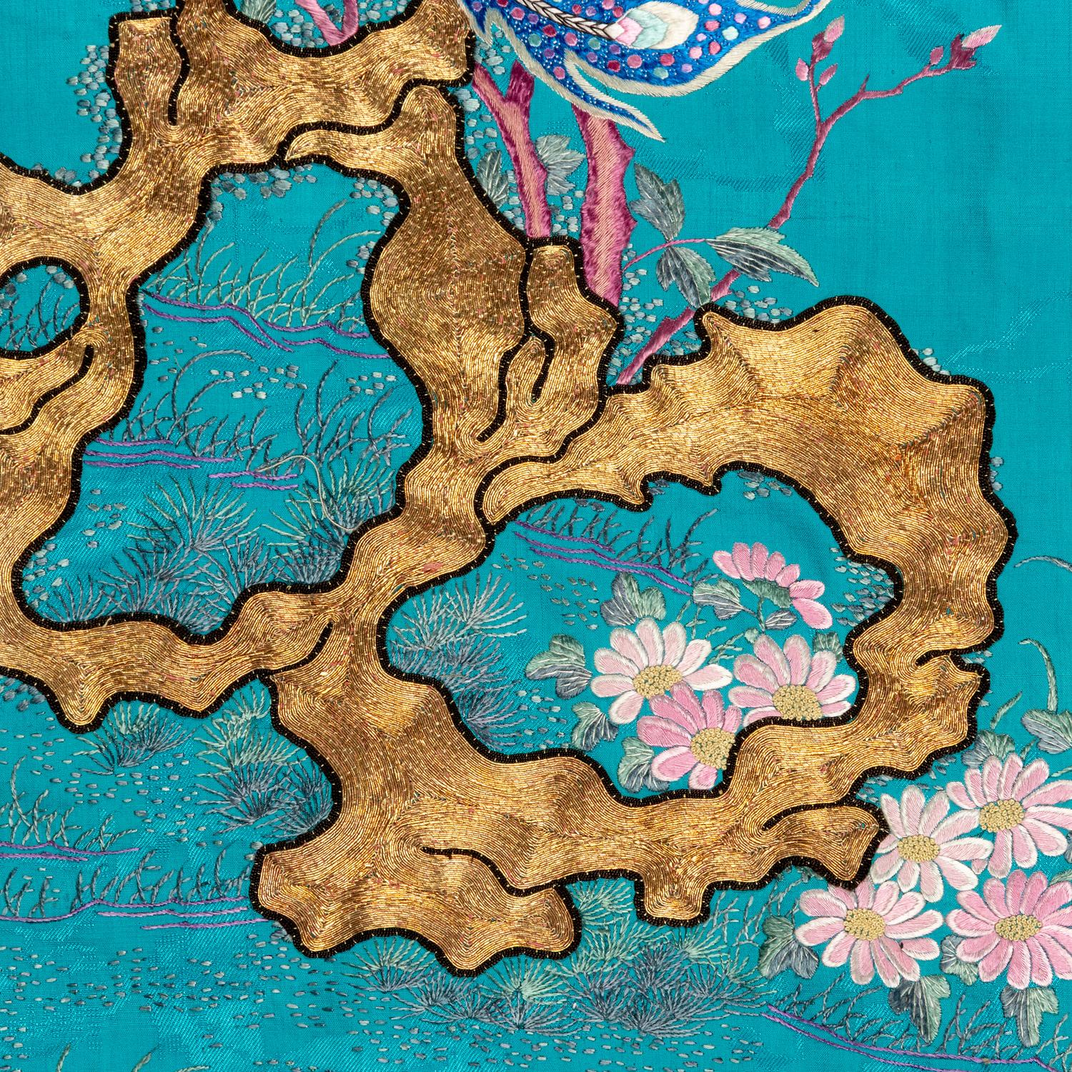 A Large Chinese Embroidered Silk Hanging Panel, Late 19th Century 清晚期 藍地綉花鳥大挂賬