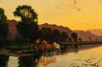 Three Cows Watering in Pastoral Landscape