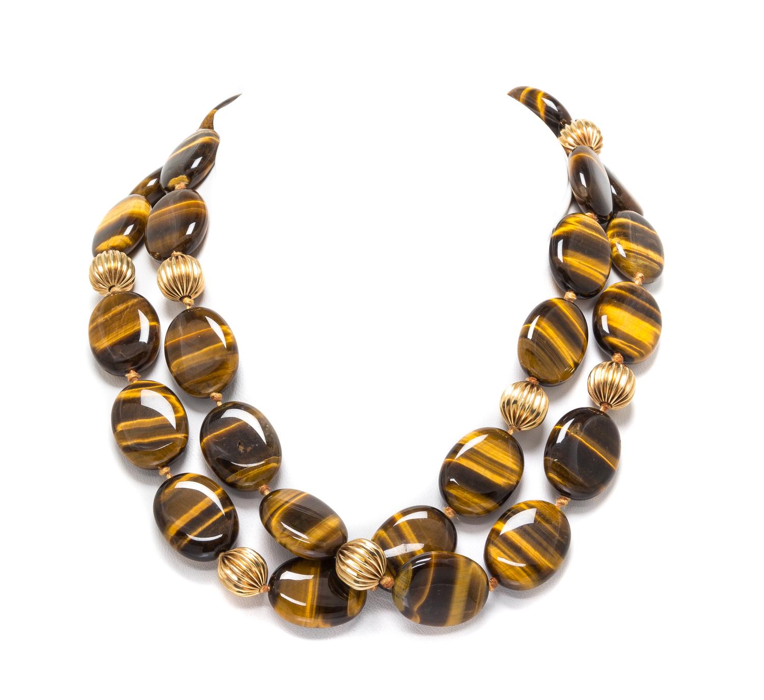 A Yellow Gold and Tiger's Eye Bead Necklace, 84.40 dwts.