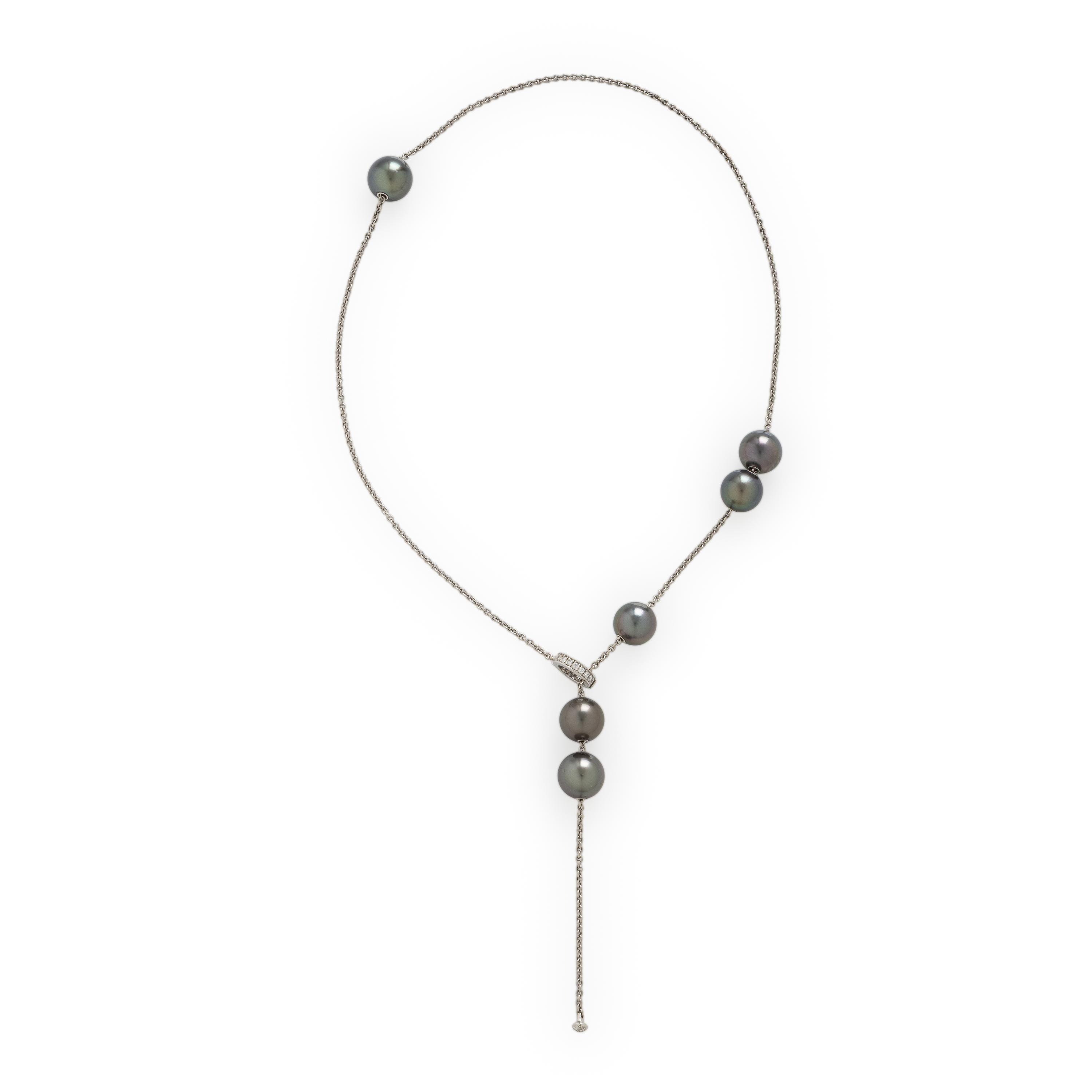 Mikimoto, Cultured Grey Pearl, Diamond, and White Gold Lariat Necklace
