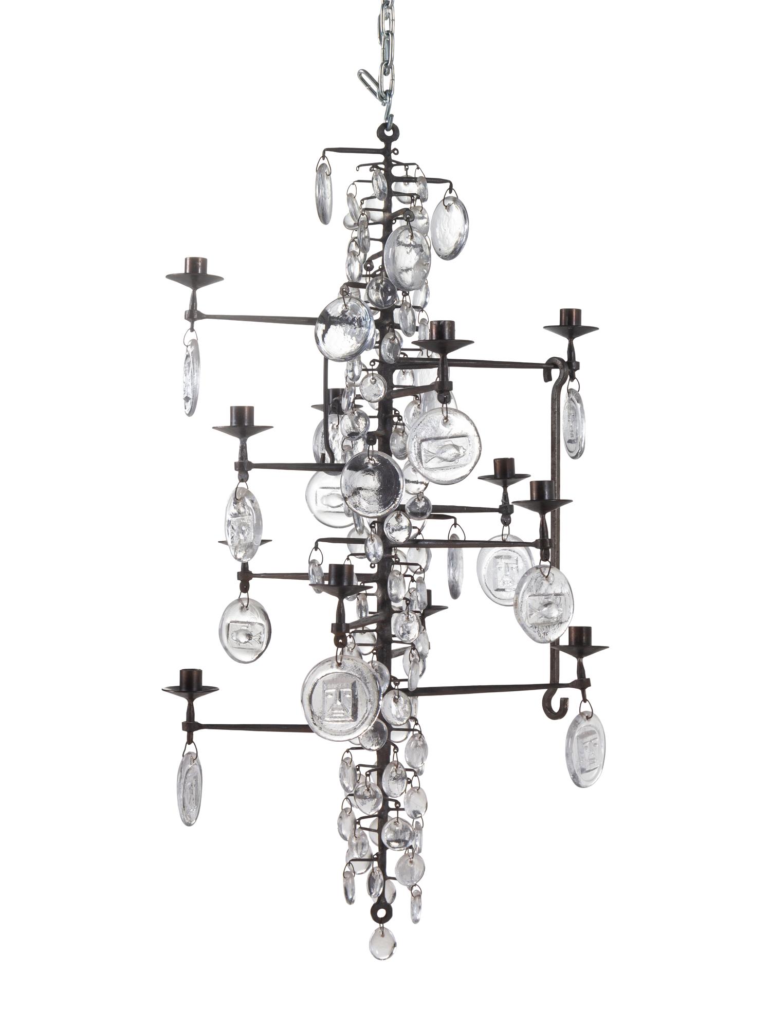 A Swedish Wrought Iron and Molded Glass Twelve-Light Chandelier