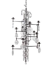 A Swedish Wrought Iron and Molded Glass Twelve-Light Chandelier