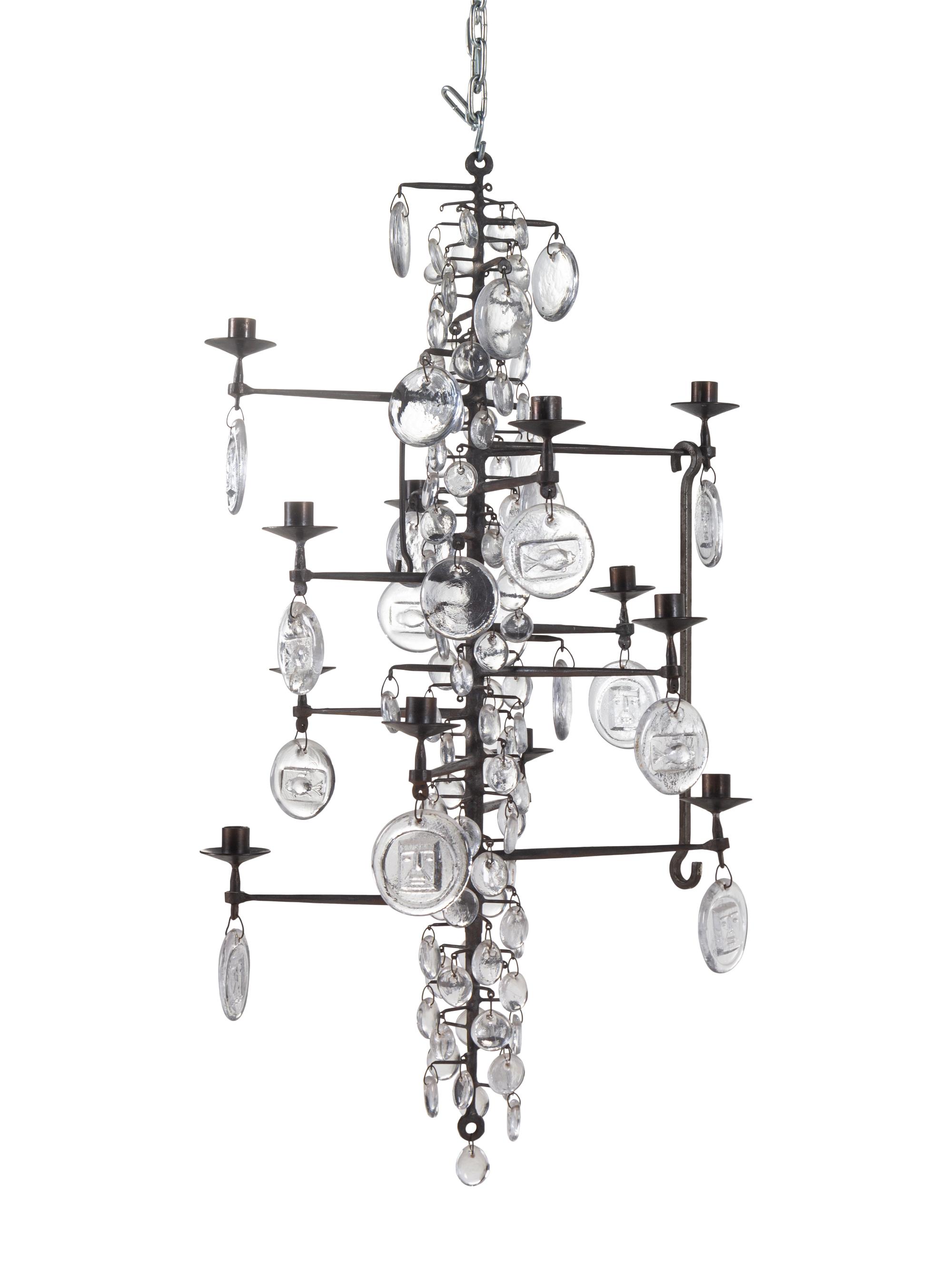 A Swedish Wrought Iron and Molded Glass Twelve-Light Chandelier