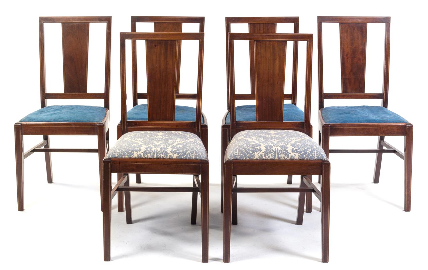 A Set of Six Hepplewhite Style Fruitwood Banded Mahogany Dining Chairs Height 36 1/2 inches.