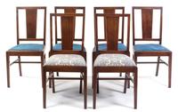 A Set of Six Hepplewhite Style Fruitwood Banded Mahogany Dining Chairs Height 36 1/2 inches.